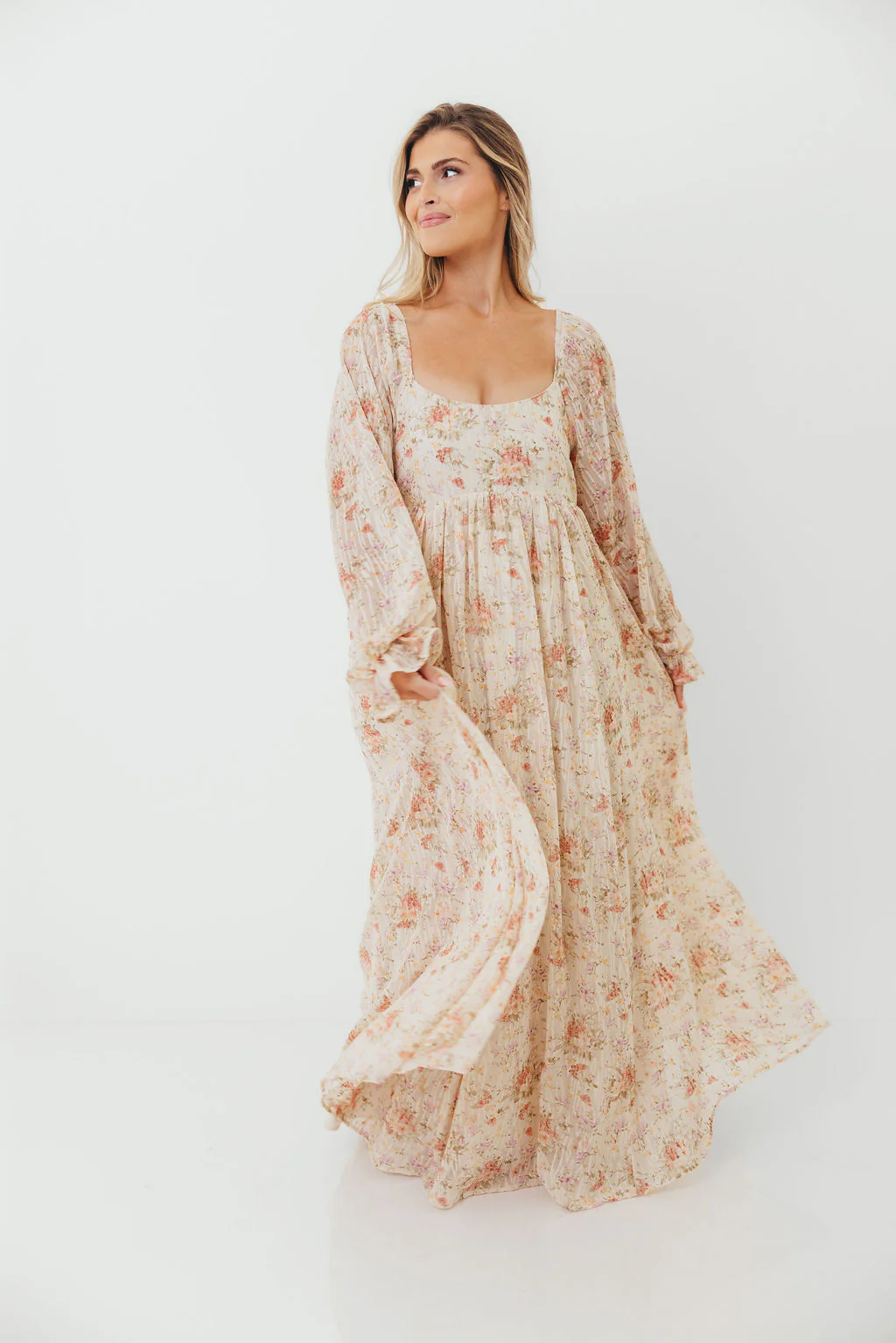 Rosey Woven Floral Print Empire Maxi Dress in Cream Multi - Bump Friendly - Image 4