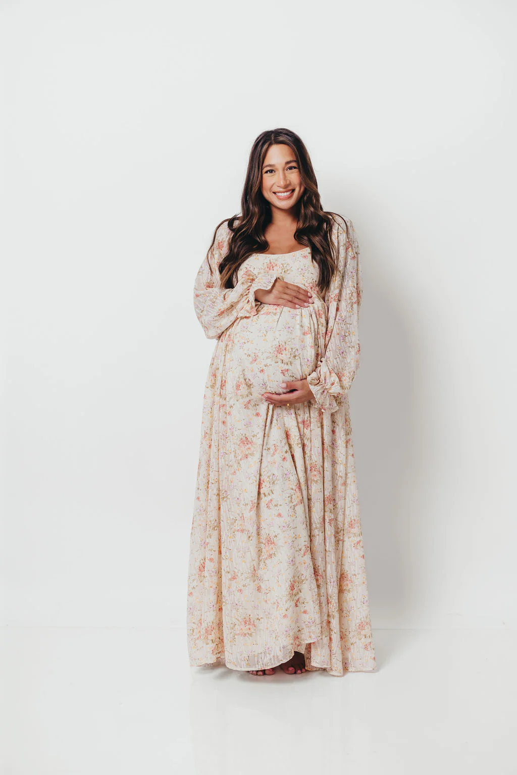 Rosey Woven Floral Print Empire Maxi Dress in Cream Multi - Bump Friendly - Image 5