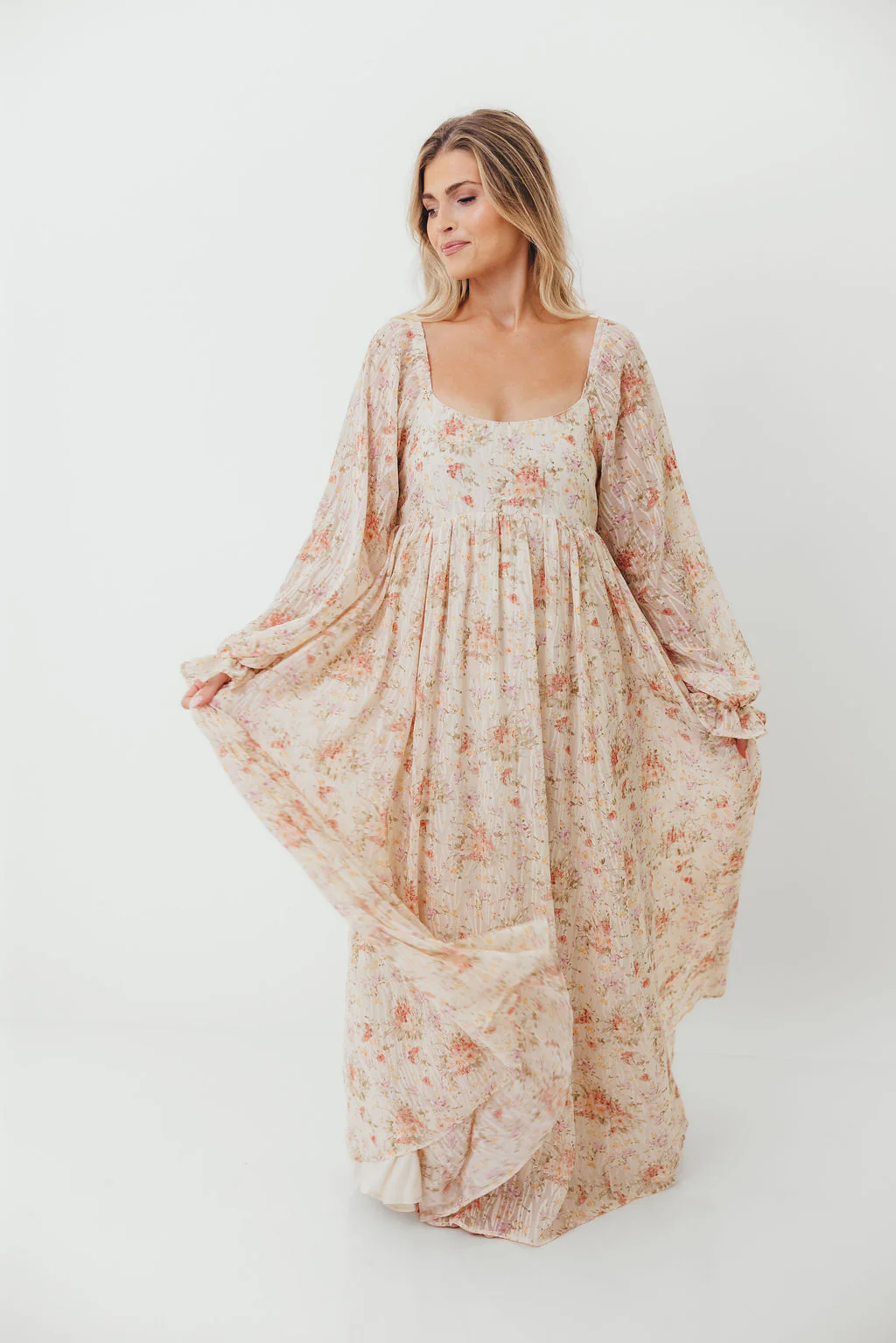 Rosey Woven Floral Print Empire Maxi Dress in Cream Multi - Bump Friendly - Image 7