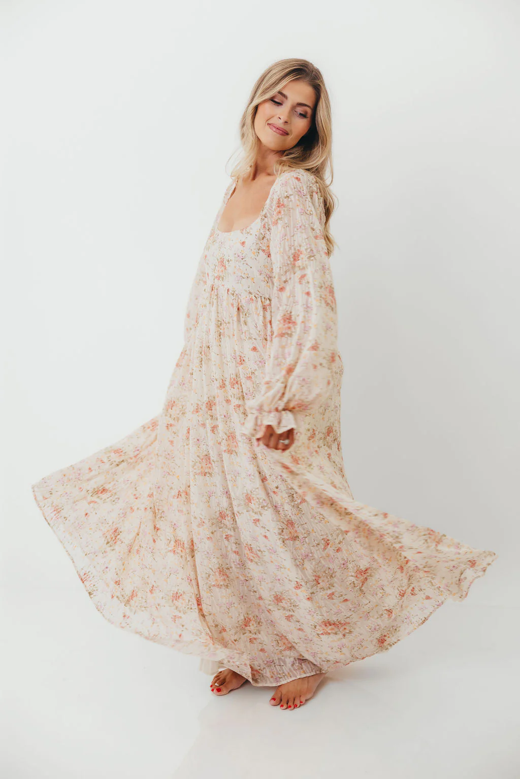 Rosey Woven Floral Print Empire Maxi Dress in Cream Multi - Bump Friendly - Image 8