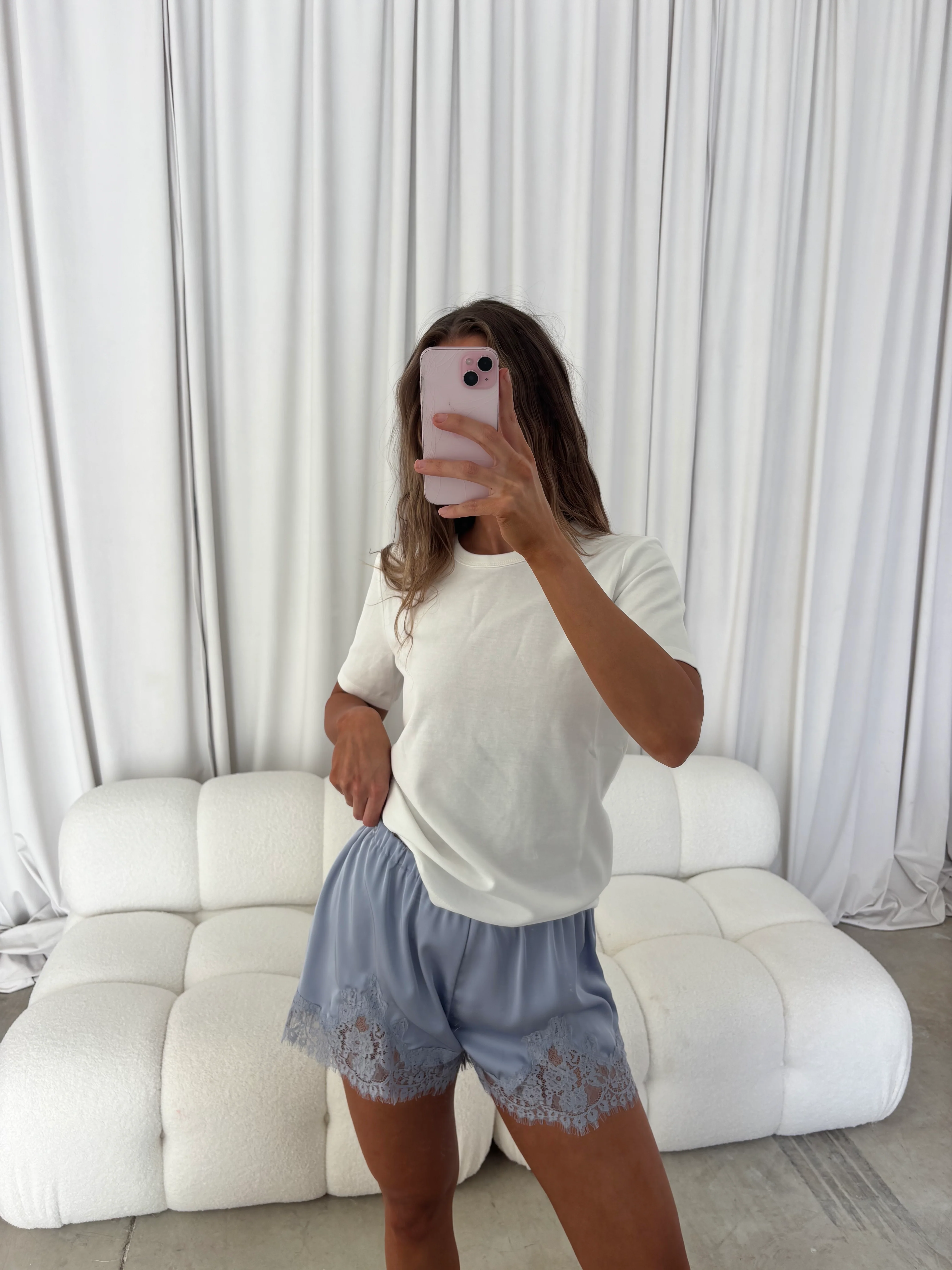 Melany Lace Trim Shorts in Baby Blue - Image 4