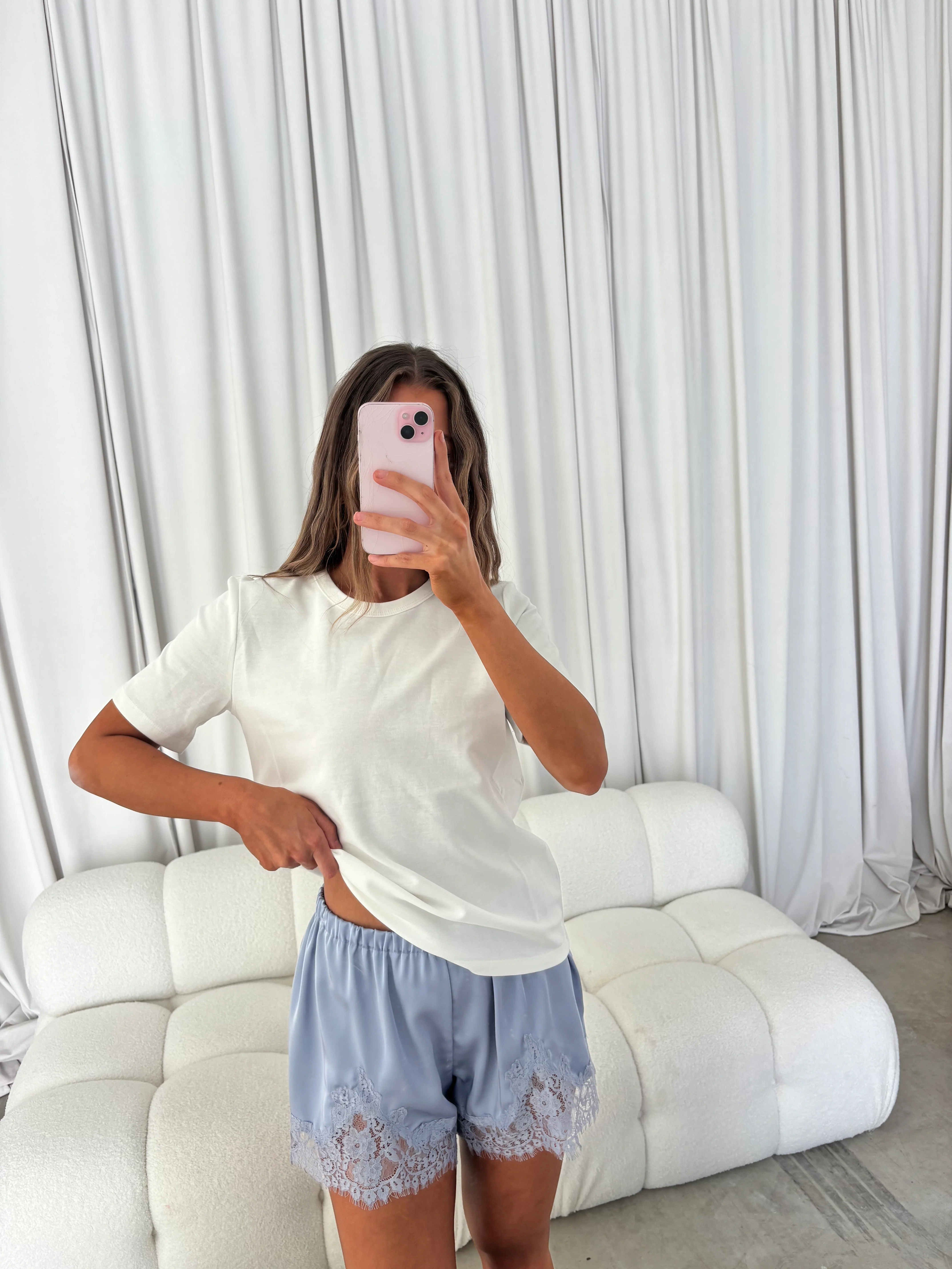 Melany Lace Trim Shorts in Baby Blue - Image 6