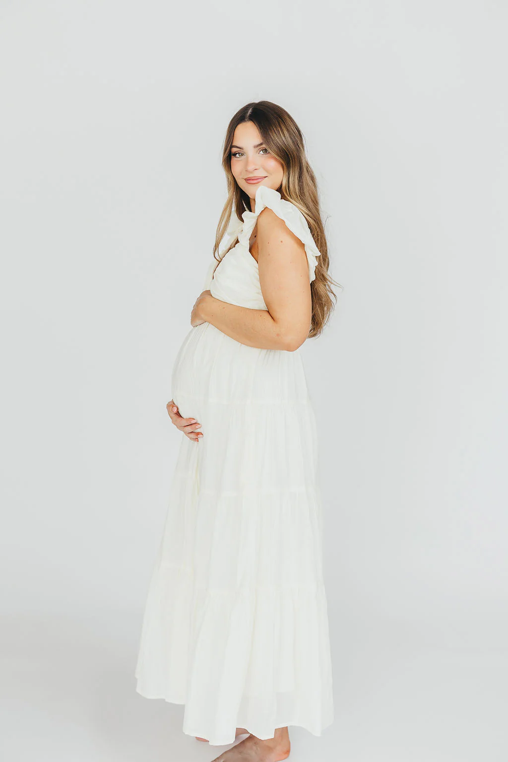 Katy Pleated Bodice Maxi Dress in Cream - Bump Friendly - Image 12