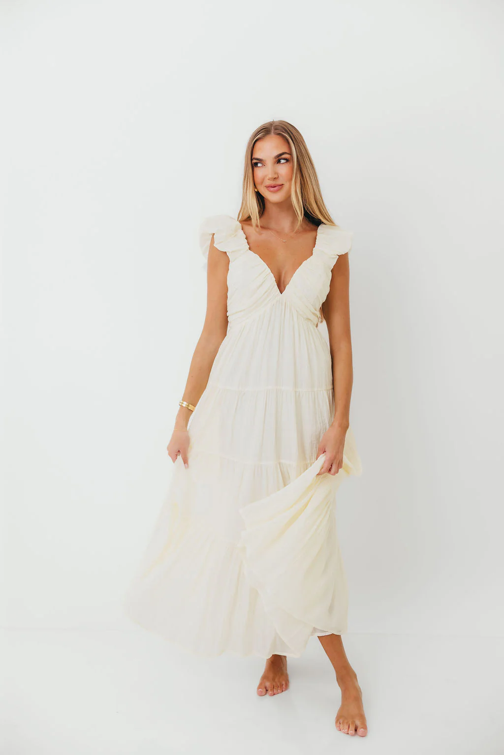 Katy Pleated Bodice Maxi Dress in Cream - Bump Friendly - Image 21