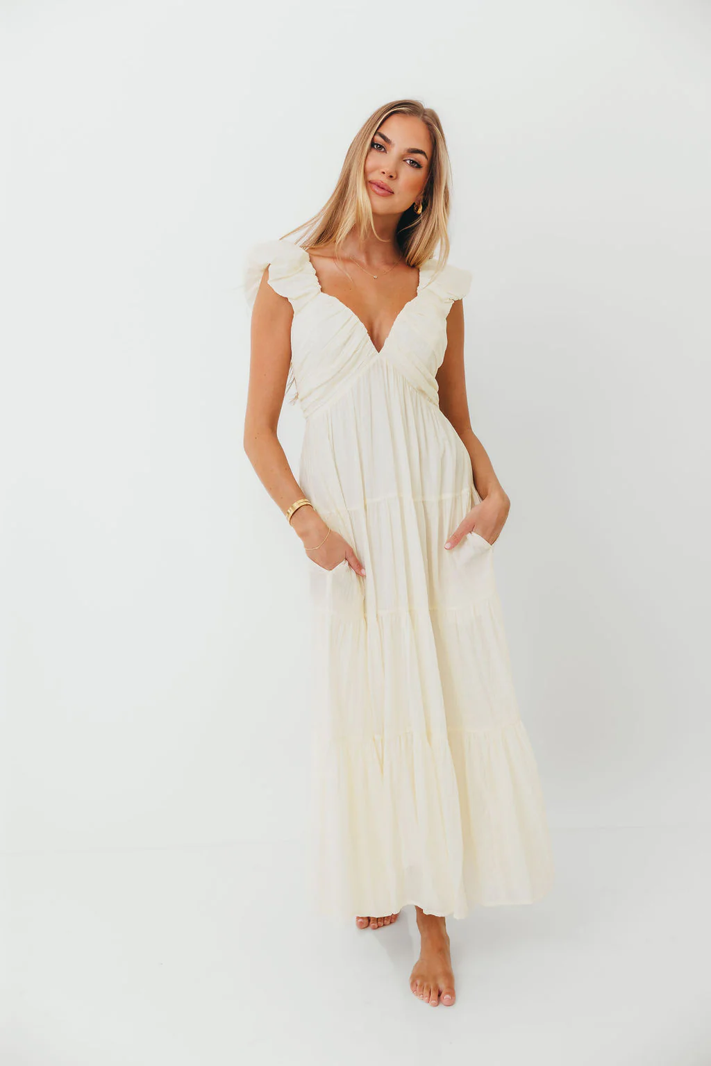 Katy Pleated Bodice Maxi Dress in Cream - Bump Friendly - Image 26