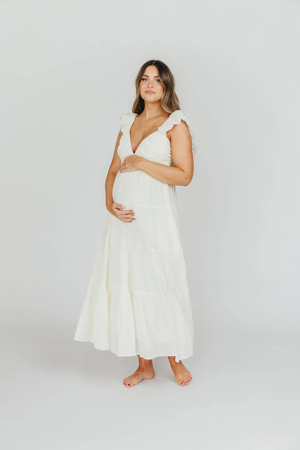 Katy Pleated Bodice Maxi Dress in Cream - Bump Friendly - Image 3