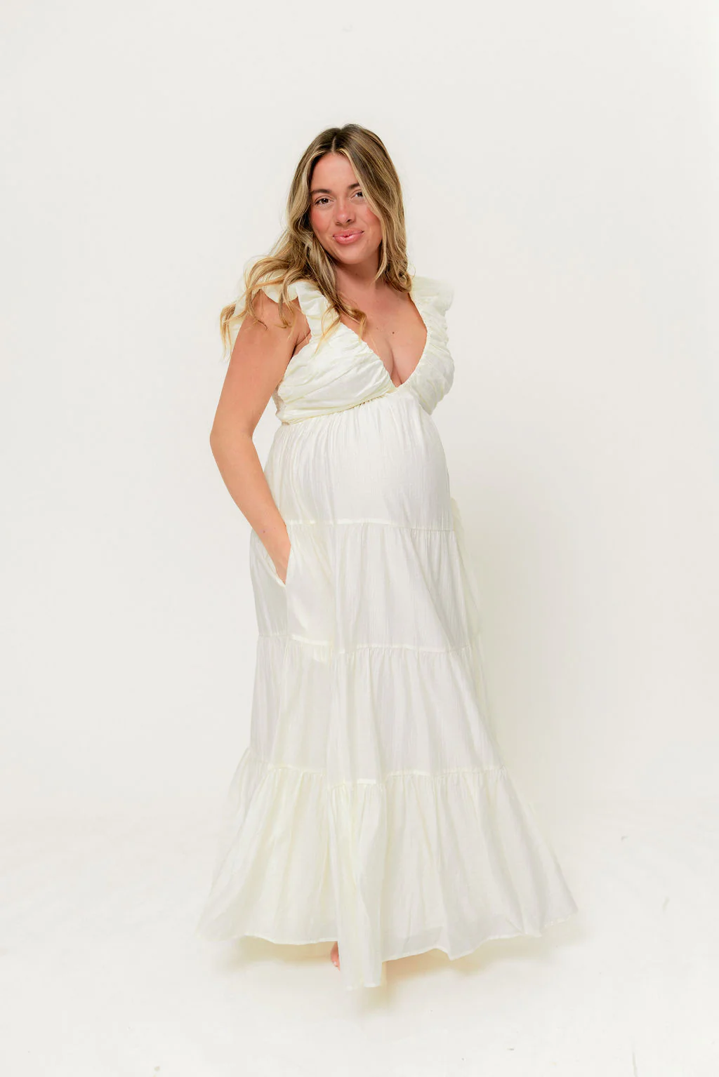 Katy Pleated Bodice Maxi Dress in Cream - Bump Friendly - Image 30