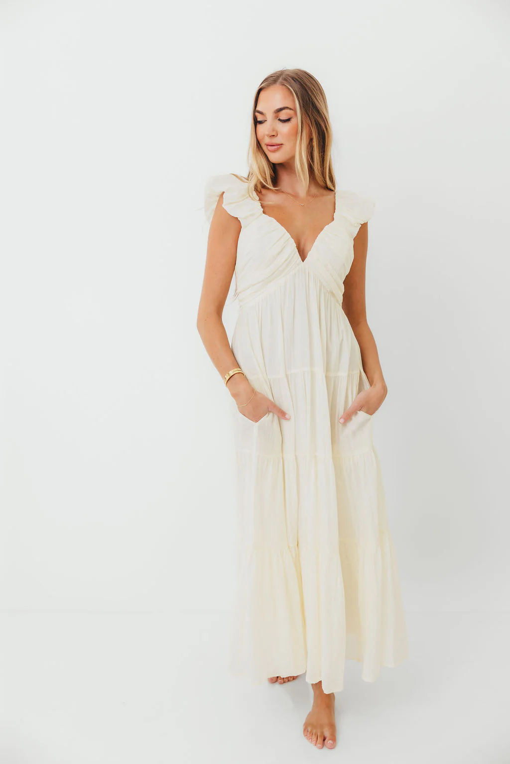 Katy Pleated Bodice Maxi Dress in Cream - Bump Friendly - Image 6