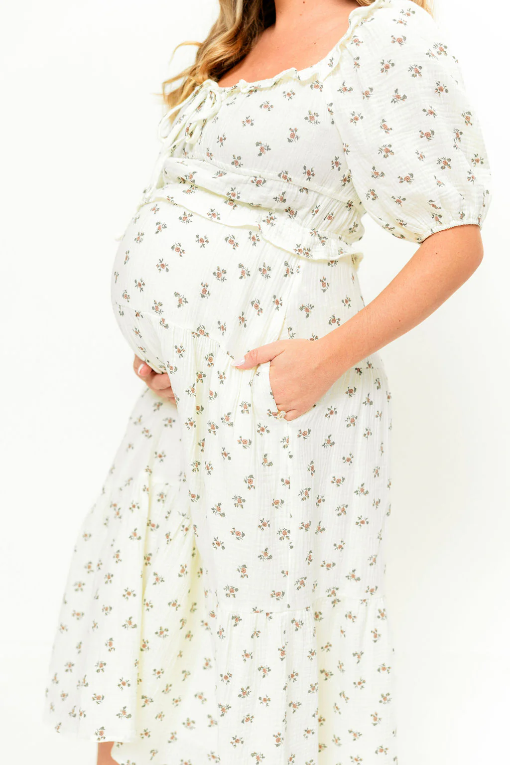 Landon 100% Cotton Ruched Puff Sleeve Ruffle Tiered Floral Midi Dress in Beige - Bump Friendly
