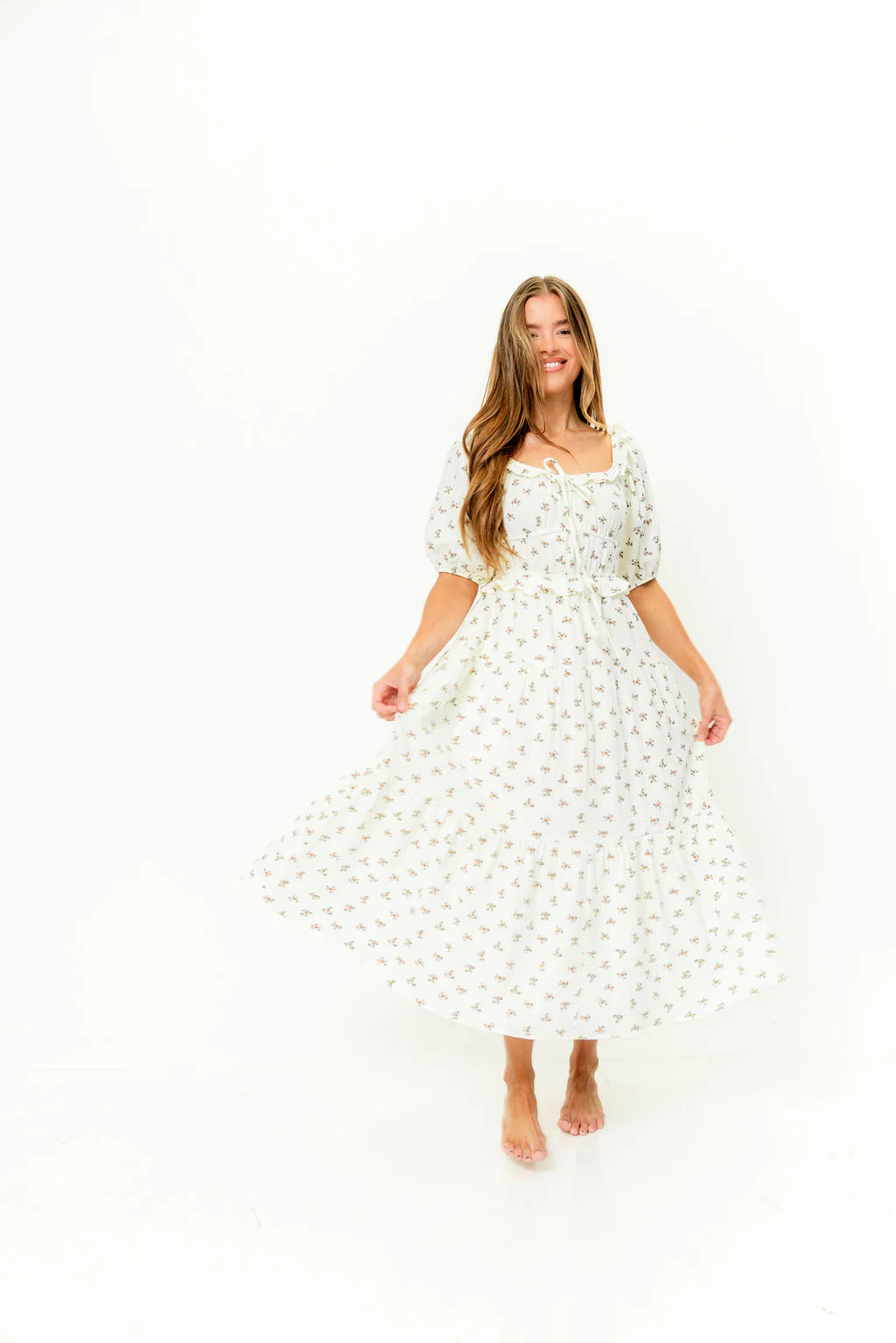 Landon 100% Cotton Ruched Puff Sleeve Ruffle Tiered Floral Midi Dress in Beige - Bump Friendly - Image 10