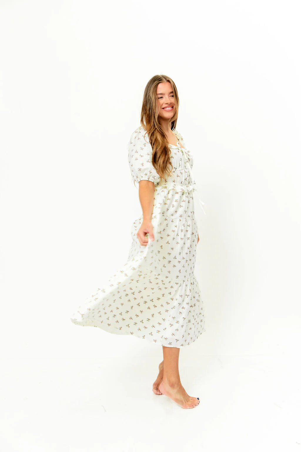 Landon 100% Cotton Ruched Puff Sleeve Ruffle Tiered Floral Midi Dress in Beige - Bump Friendly - Image 11