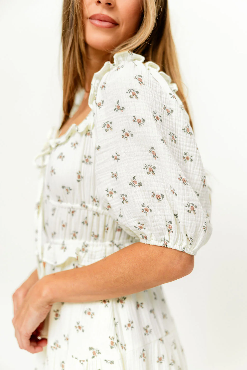 Landon 100% Cotton Ruched Puff Sleeve Ruffle Tiered Floral Midi Dress in Beige - Bump Friendly - Image 12