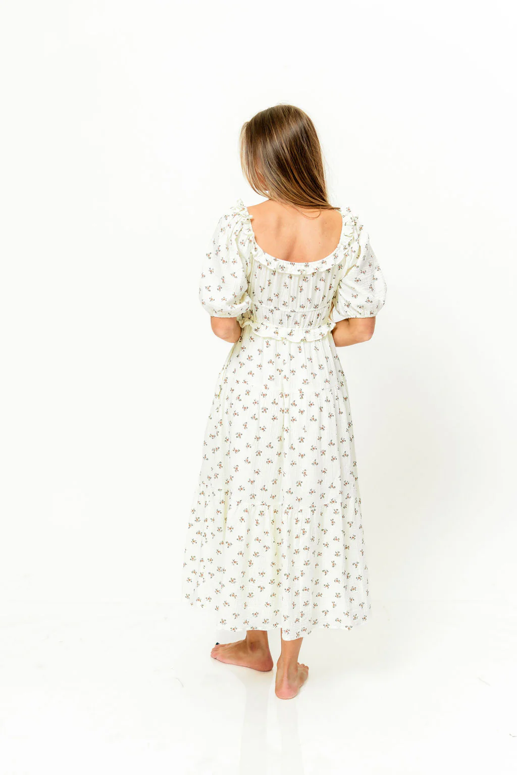 Landon 100% Cotton Ruched Puff Sleeve Ruffle Tiered Floral Midi Dress in Beige - Bump Friendly - Image 13