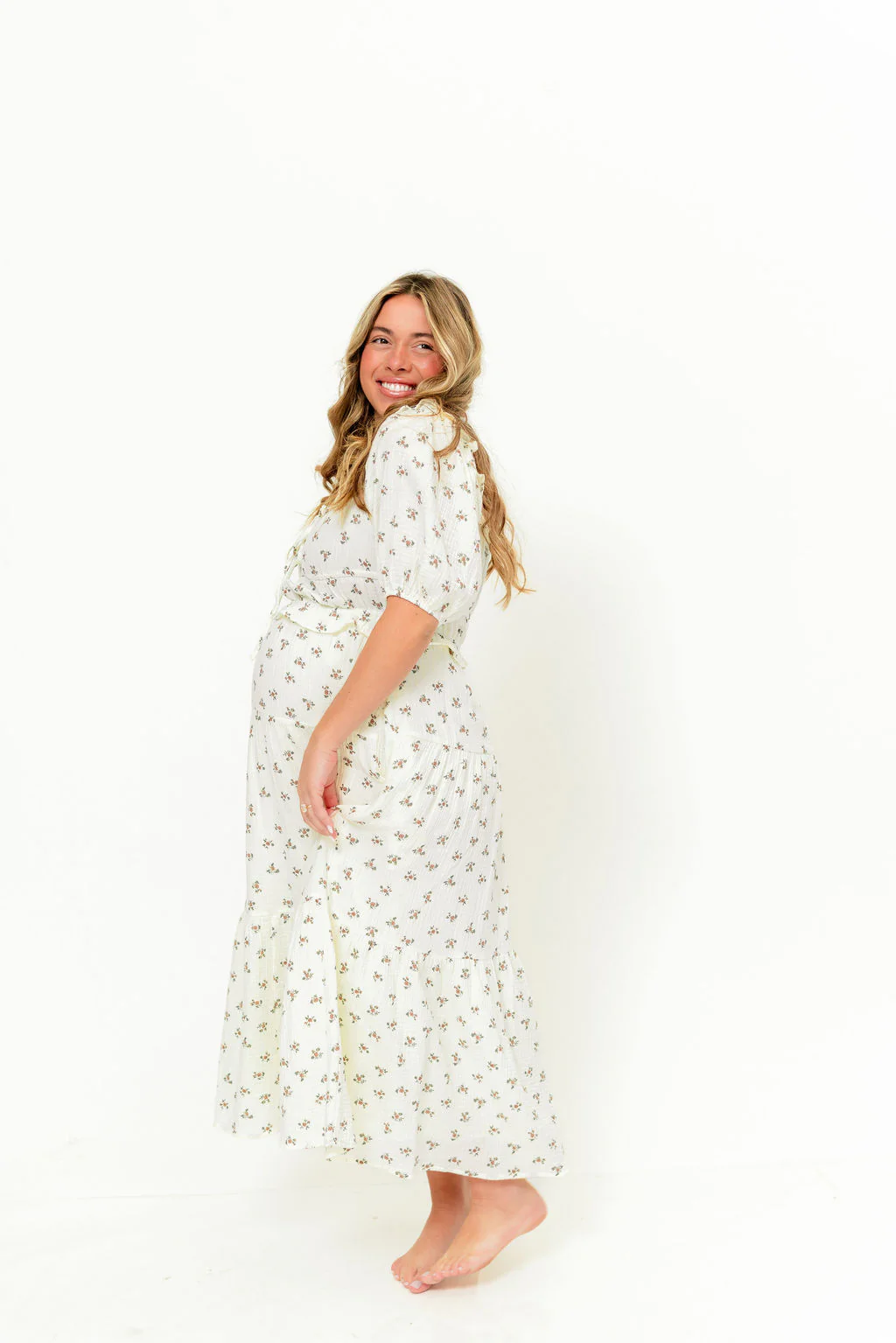 Landon 100% Cotton Ruched Puff Sleeve Ruffle Tiered Floral Midi Dress in Beige - Bump Friendly - Image 15
