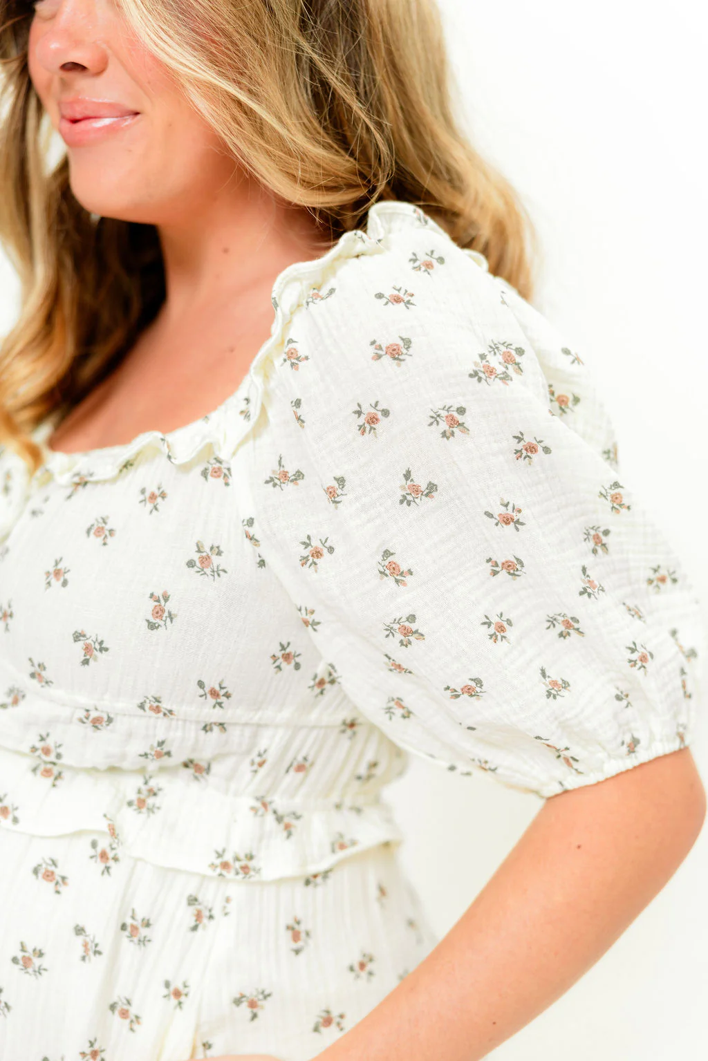 Landon 100% Cotton Ruched Puff Sleeve Ruffle Tiered Floral Midi Dress in Beige - Bump Friendly - Image 17