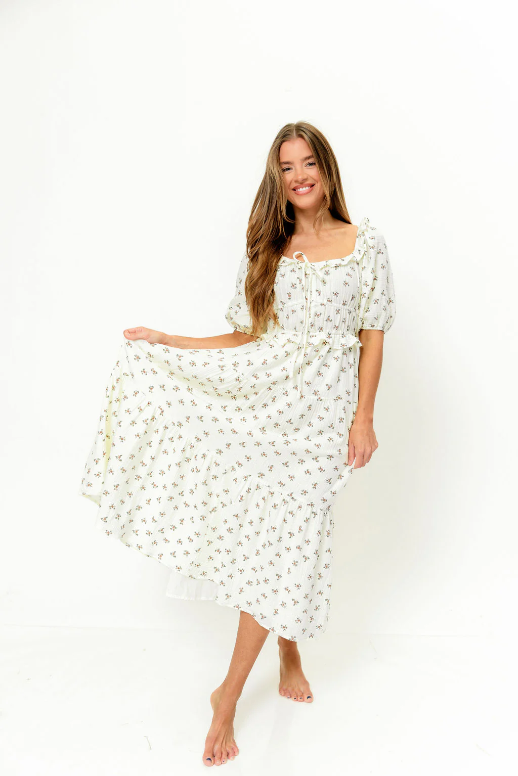 Landon 100% Cotton Ruched Puff Sleeve Ruffle Tiered Floral Midi Dress in Beige - Bump Friendly - Image 2