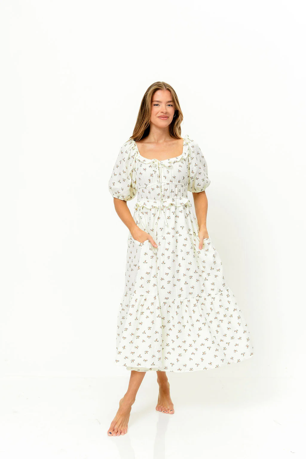 Landon 100% Cotton Ruched Puff Sleeve Ruffle Tiered Floral Midi Dress in Beige - Bump Friendly - Image 3