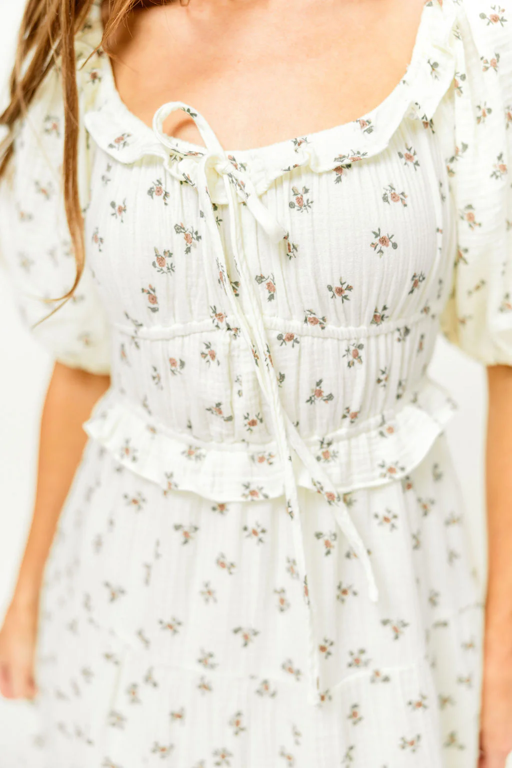 Landon 100% Cotton Ruched Puff Sleeve Ruffle Tiered Floral Midi Dress in Beige - Bump Friendly - Image 4