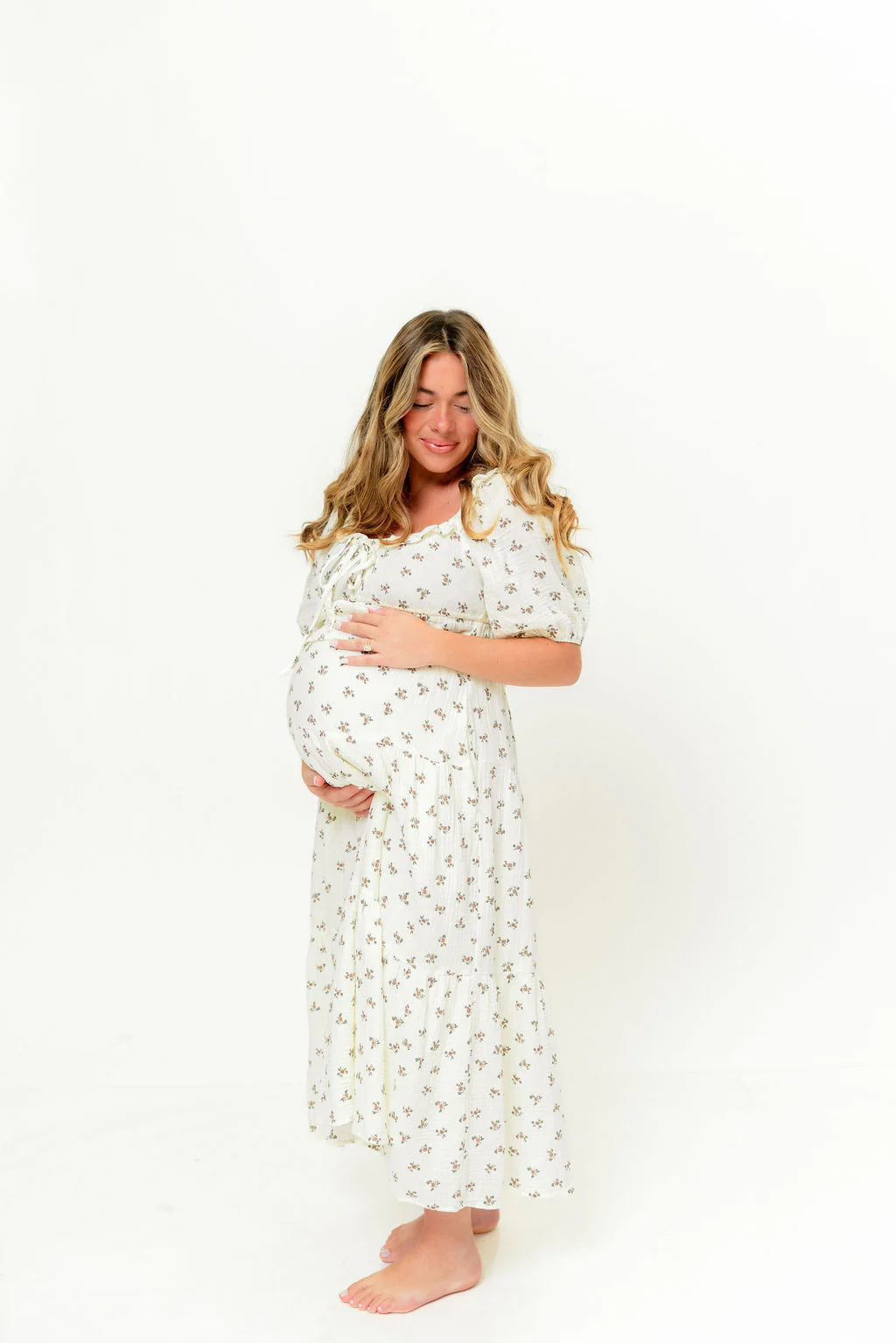 Landon 100% Cotton Ruched Puff Sleeve Ruffle Tiered Floral Midi Dress in Beige - Bump Friendly - Image 6