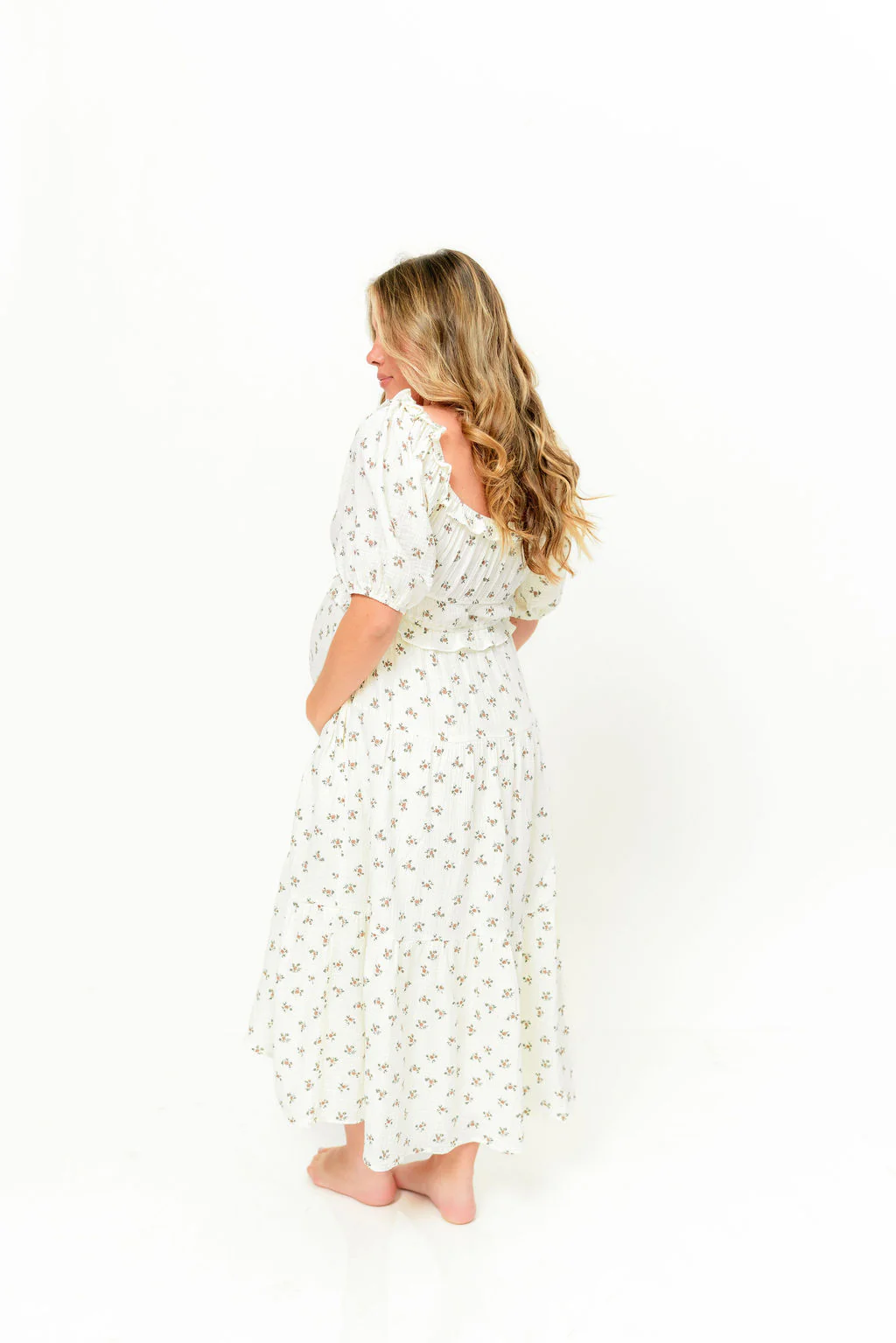 Landon 100% Cotton Ruched Puff Sleeve Ruffle Tiered Floral Midi Dress in Beige - Bump Friendly - Image 7