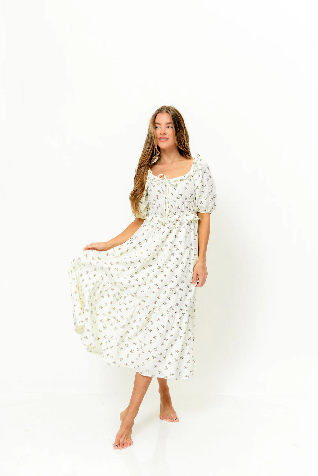 Landon 100% Cotton Ruched Puff Sleeve Ruffle Tiered Floral Midi Dress in Beige - Bump Friendly - Image 8