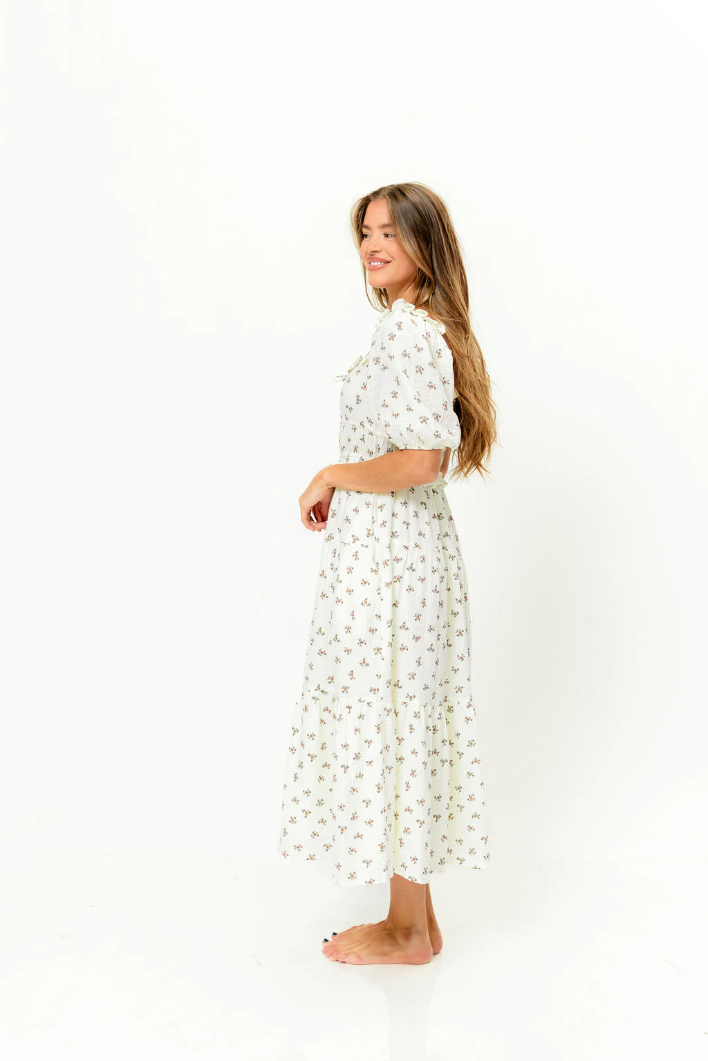 Landon 100% Cotton Ruched Puff Sleeve Ruffle Tiered Floral Midi Dress in Beige - Bump Friendly - Image 9