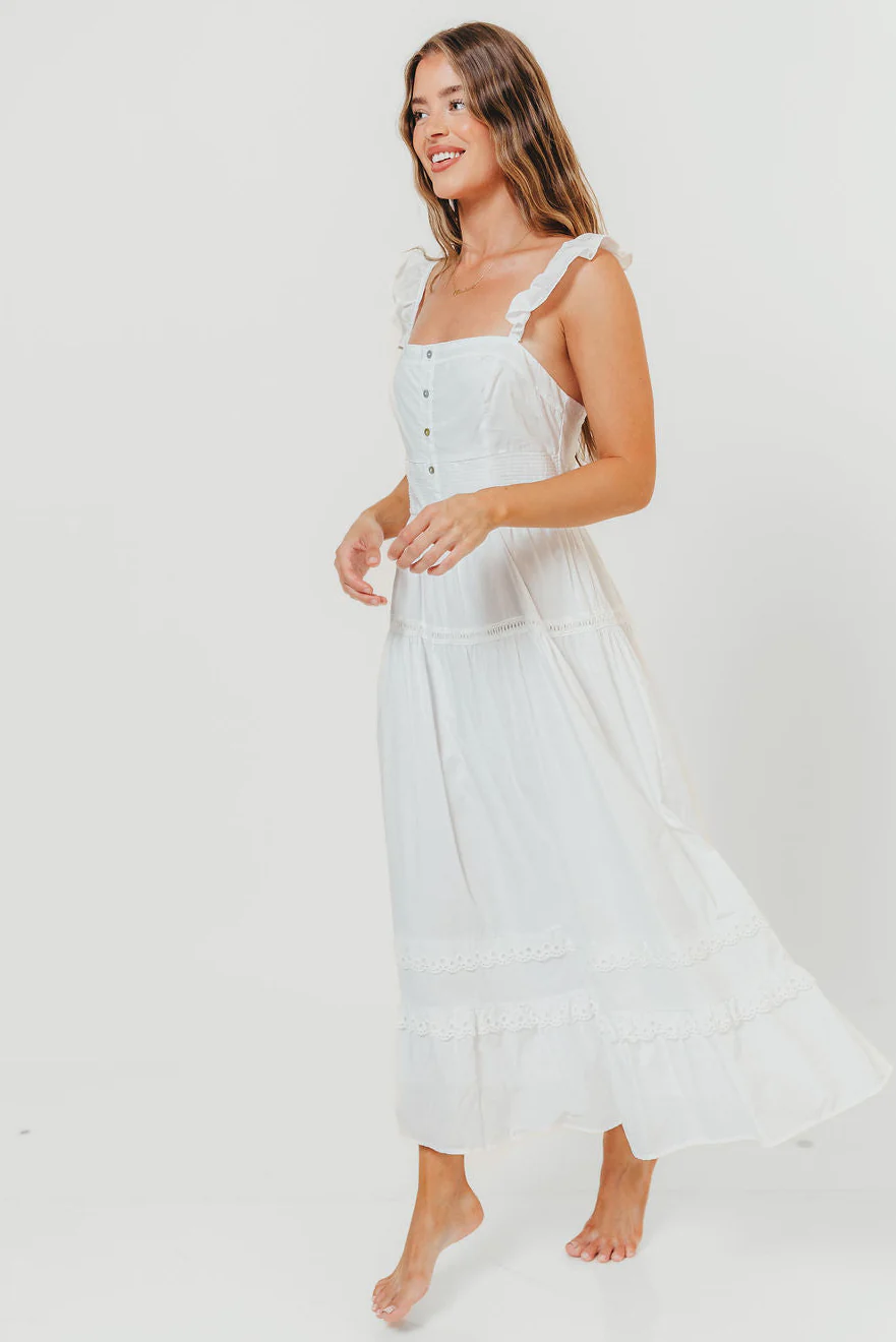 Diana Lace Trim Tiered Detail Ruffle Strap Midi Dress in Off White - Image 3