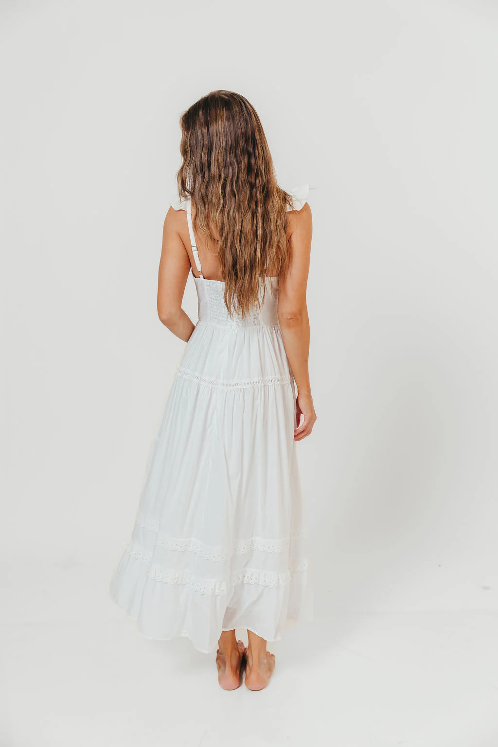 Diana Lace Trim Tiered Detail Ruffle Strap Midi Dress in Off White - Image 6