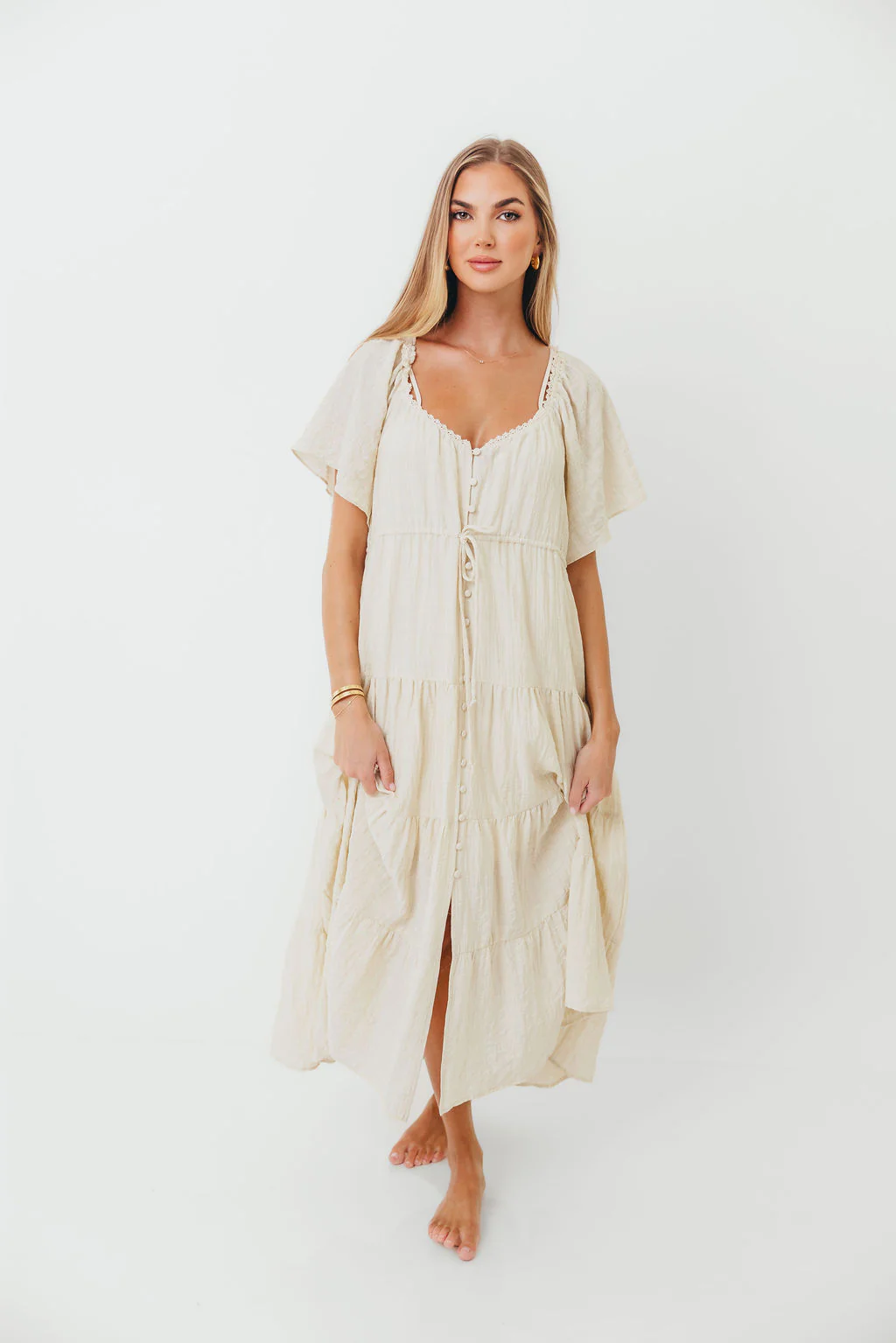 Rumi Woven Sweetheart Maxi Dress in Natural - Bump Friendly - Detachable Liner - Image 2