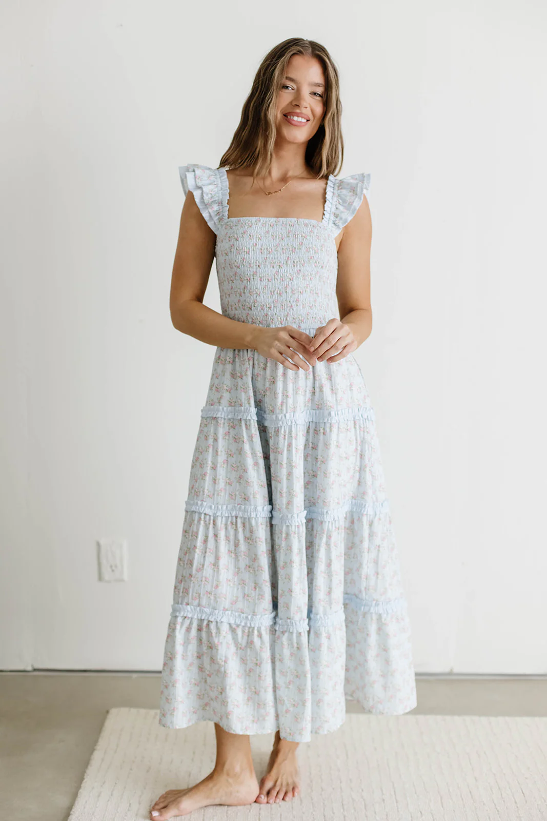 Levi Ditsy Floral Smocked Ruffle Maxi Dress in Light Blue
