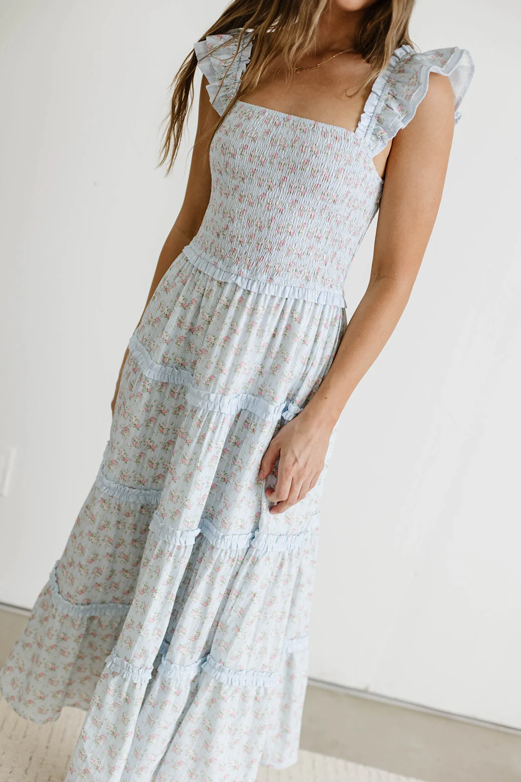 Levi Ditsy Floral Smocked Ruffle Maxi Dress in Light Blue - Image 10