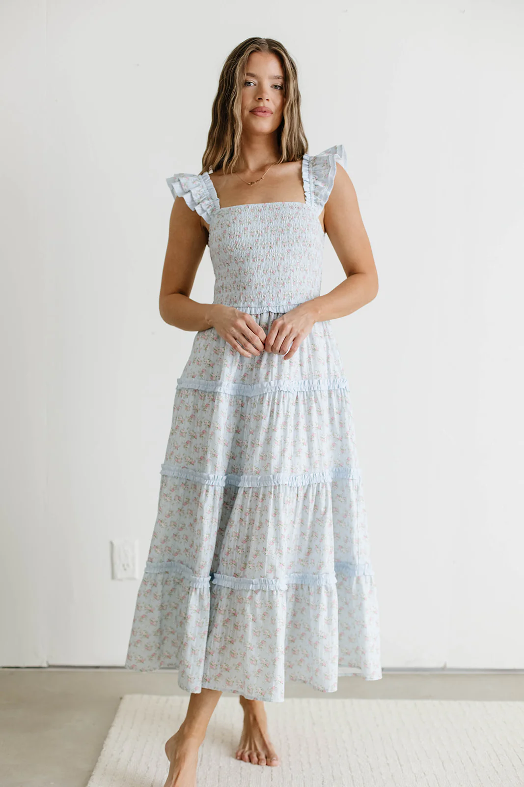 Levi Ditsy Floral Smocked Ruffle Maxi Dress in Light Blue - Image 2