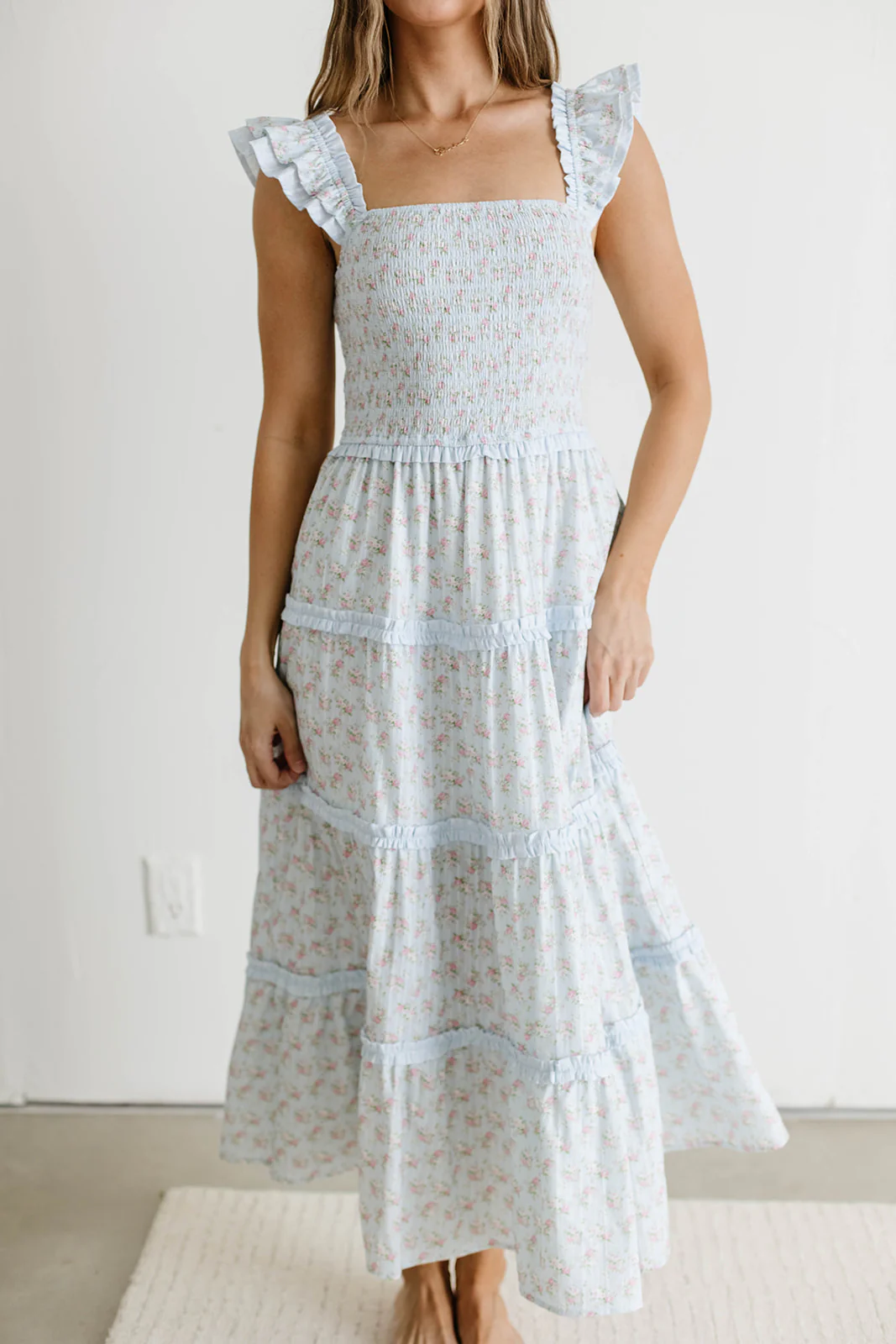 Levi Ditsy Floral Smocked Ruffle Maxi Dress in Light Blue - Image 3