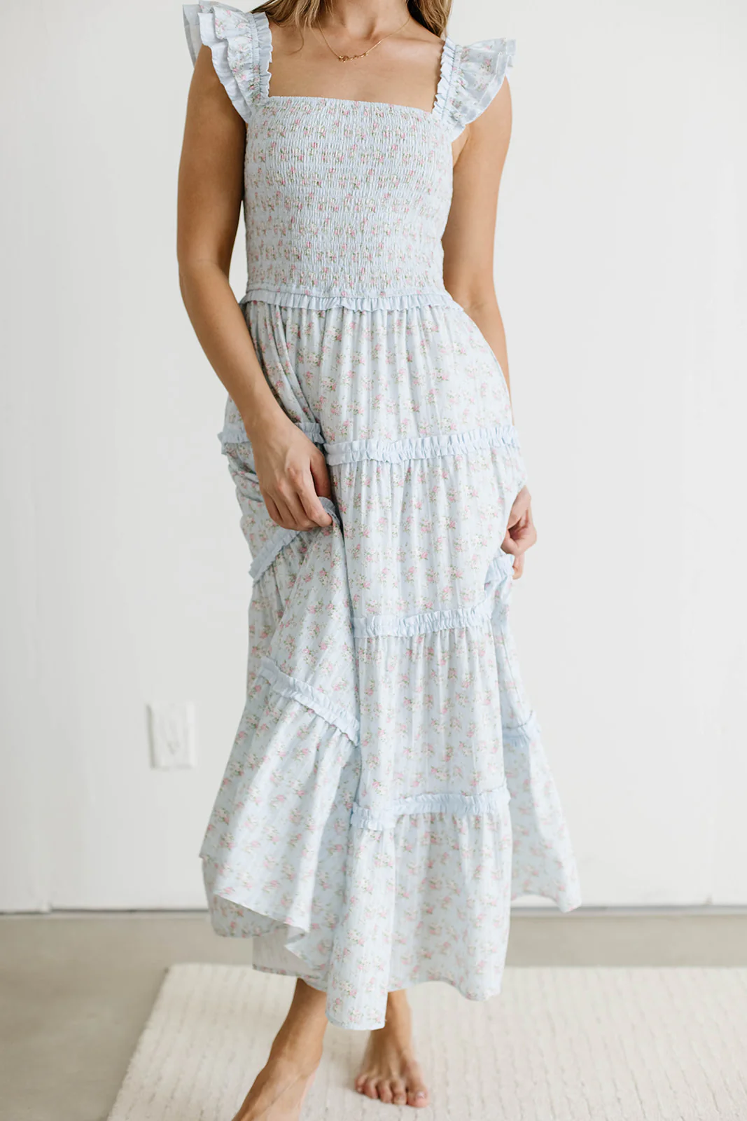 Levi Ditsy Floral Smocked Ruffle Maxi Dress in Light Blue - Image 5