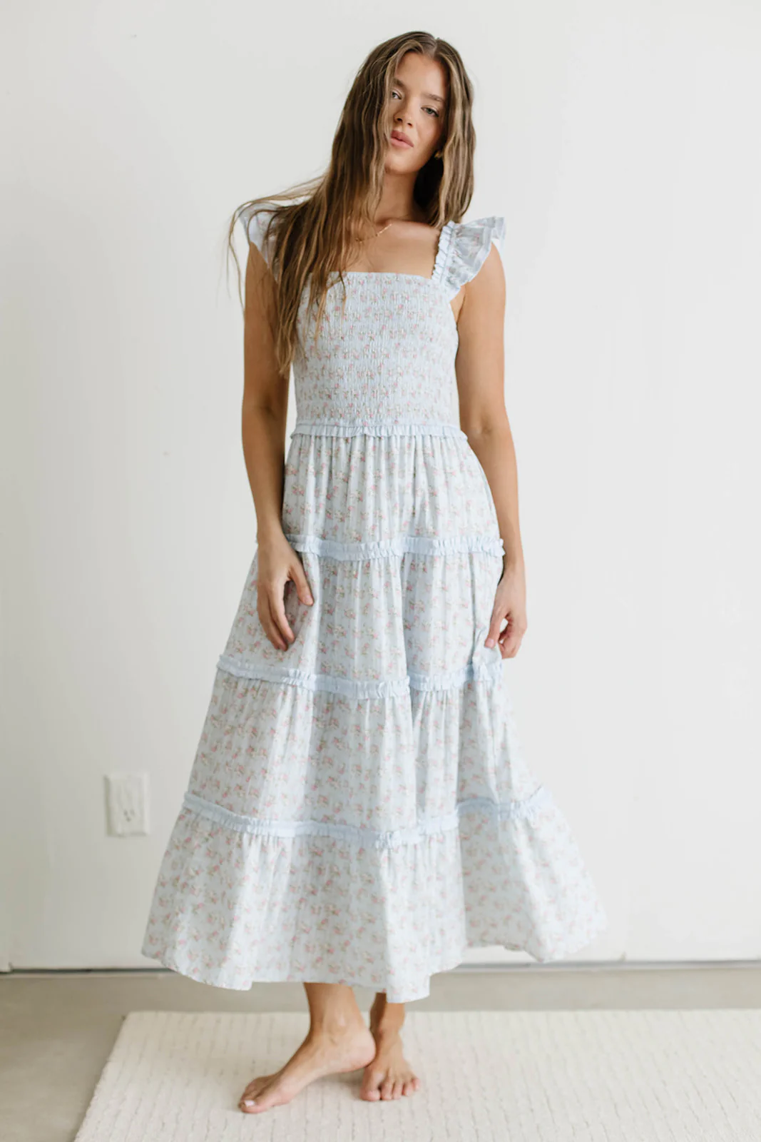 Levi Ditsy Floral Smocked Ruffle Maxi Dress in Light Blue - Image 6