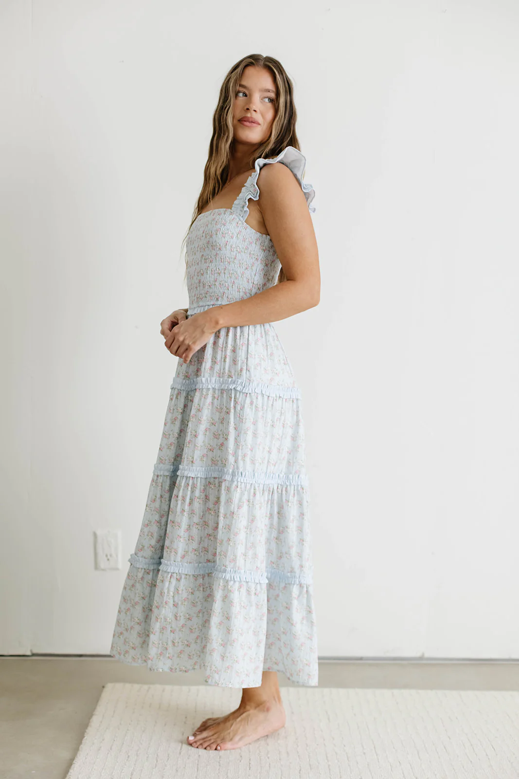 Levi Ditsy Floral Smocked Ruffle Maxi Dress in Light Blue - Image 7