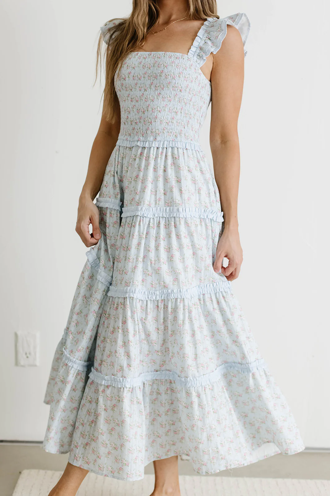 Levi Ditsy Floral Smocked Ruffle Maxi Dress in Light Blue - Image 8