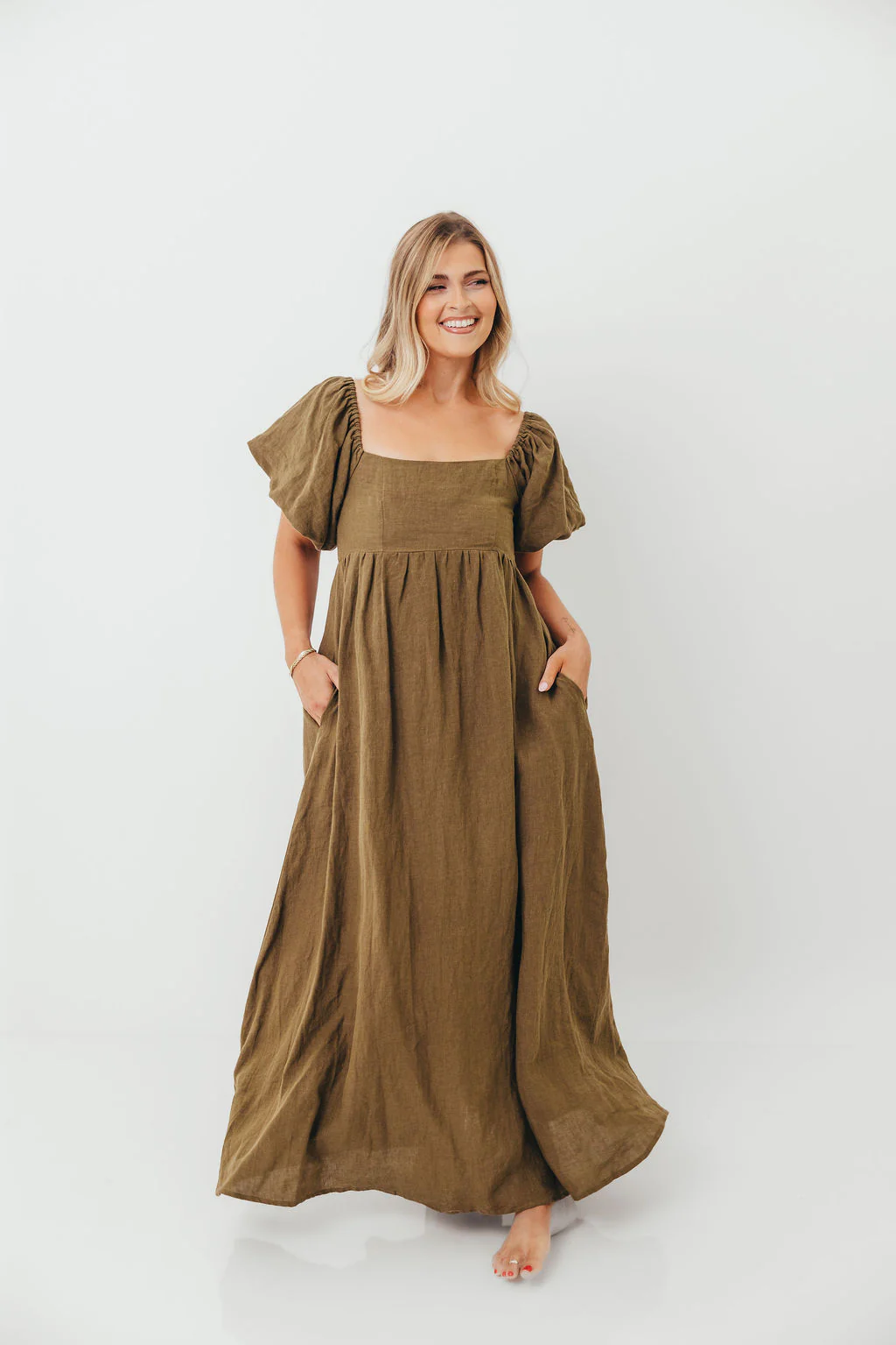 Candace Woven Linen Maxi Dress in Dark Olive - Bump Friendly - Image 10
