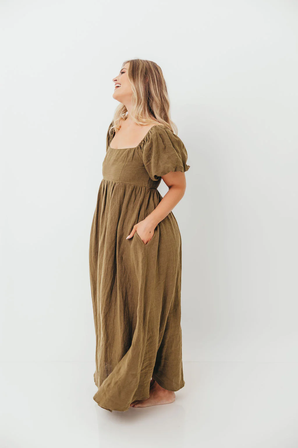 Candace Woven Linen Maxi Dress in Dark Olive - Bump Friendly - Image 11