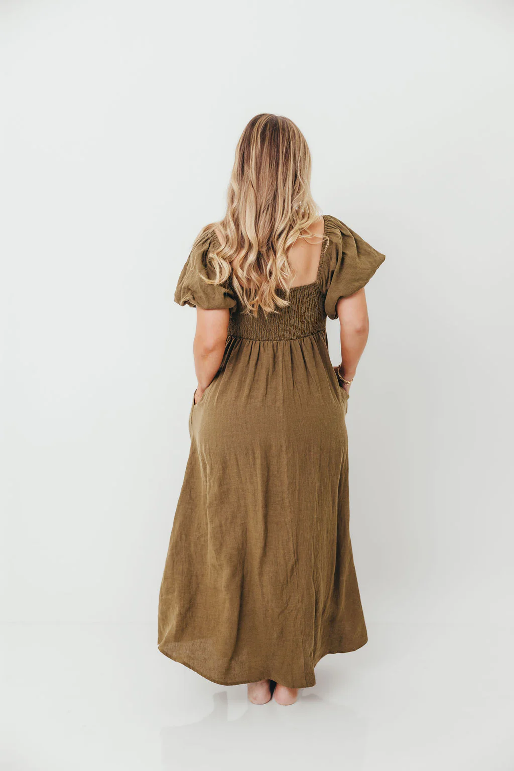 Candace Woven Linen Maxi Dress in Dark Olive - Bump Friendly - Image 16