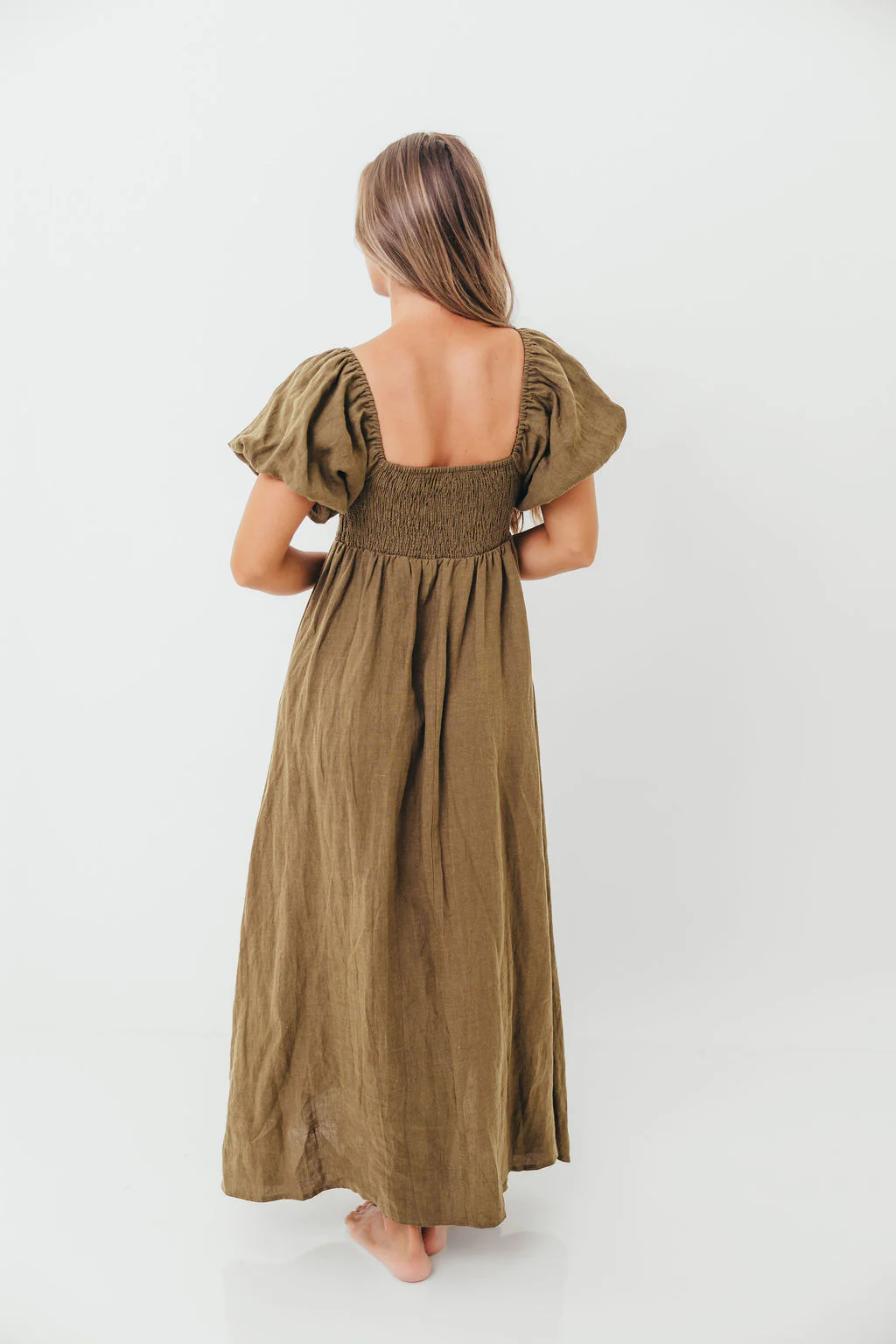 Candace Woven Linen Maxi Dress in Dark Olive - Bump Friendly - Image 18