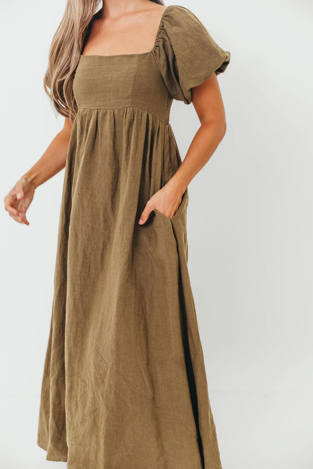 Candace Woven Linen Maxi Dress in Dark Olive - Bump Friendly - Image 19