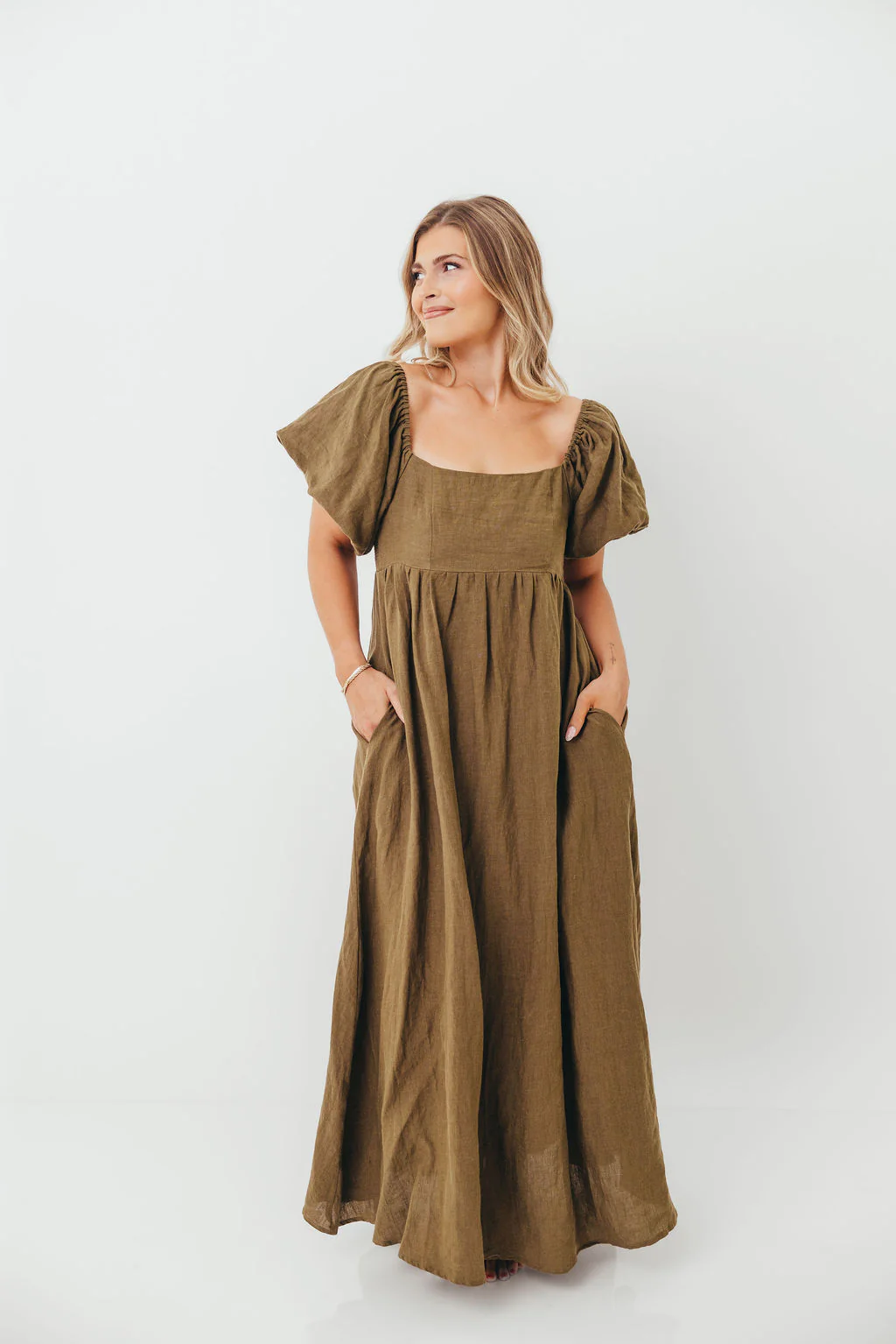 Candace Woven Linen Maxi Dress in Dark Olive - Bump Friendly - Image 2