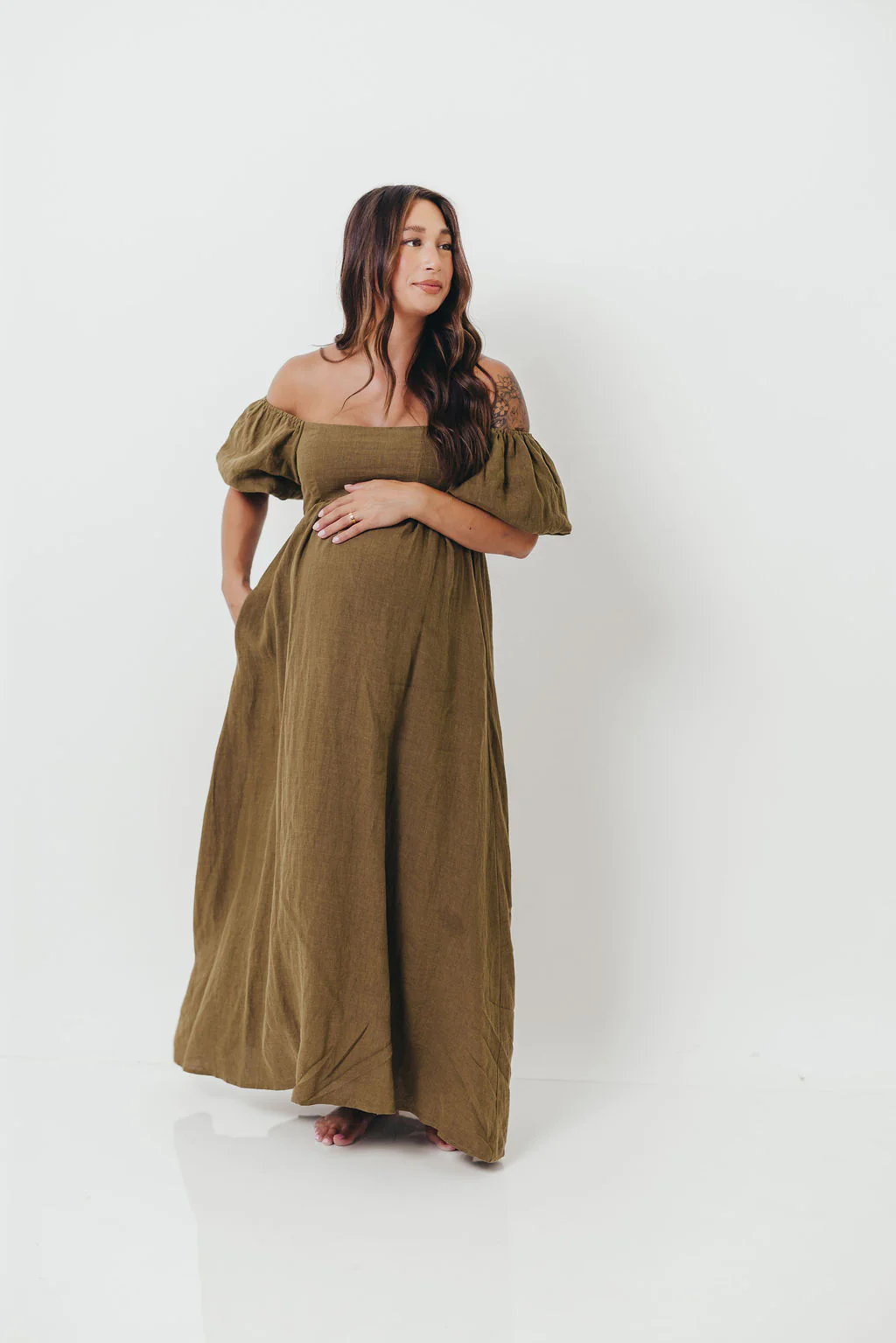 Candace Woven Linen Maxi Dress in Dark Olive - Bump Friendly - Image 22
