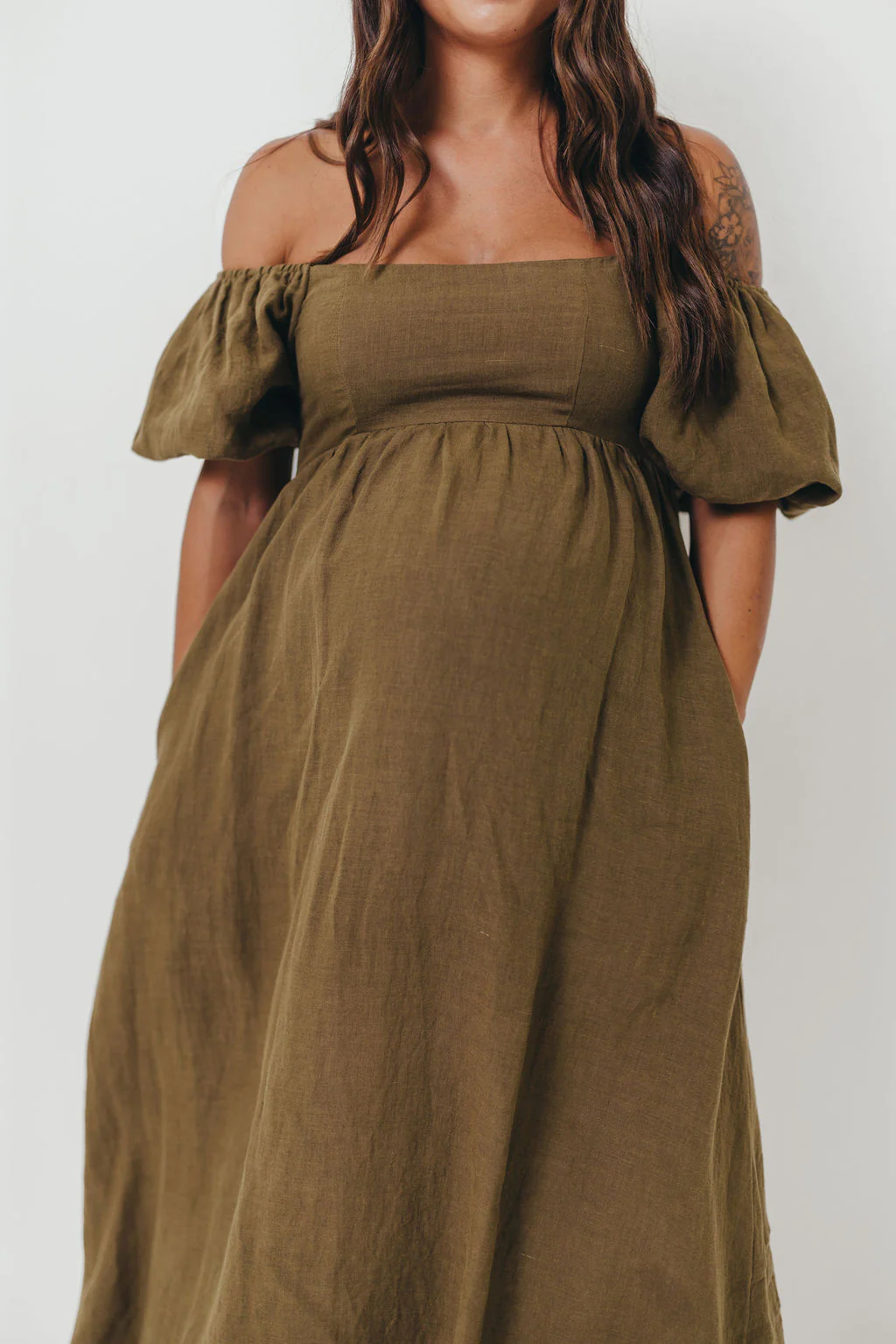 Candace Woven Linen Maxi Dress in Dark Olive - Bump Friendly - Image 25