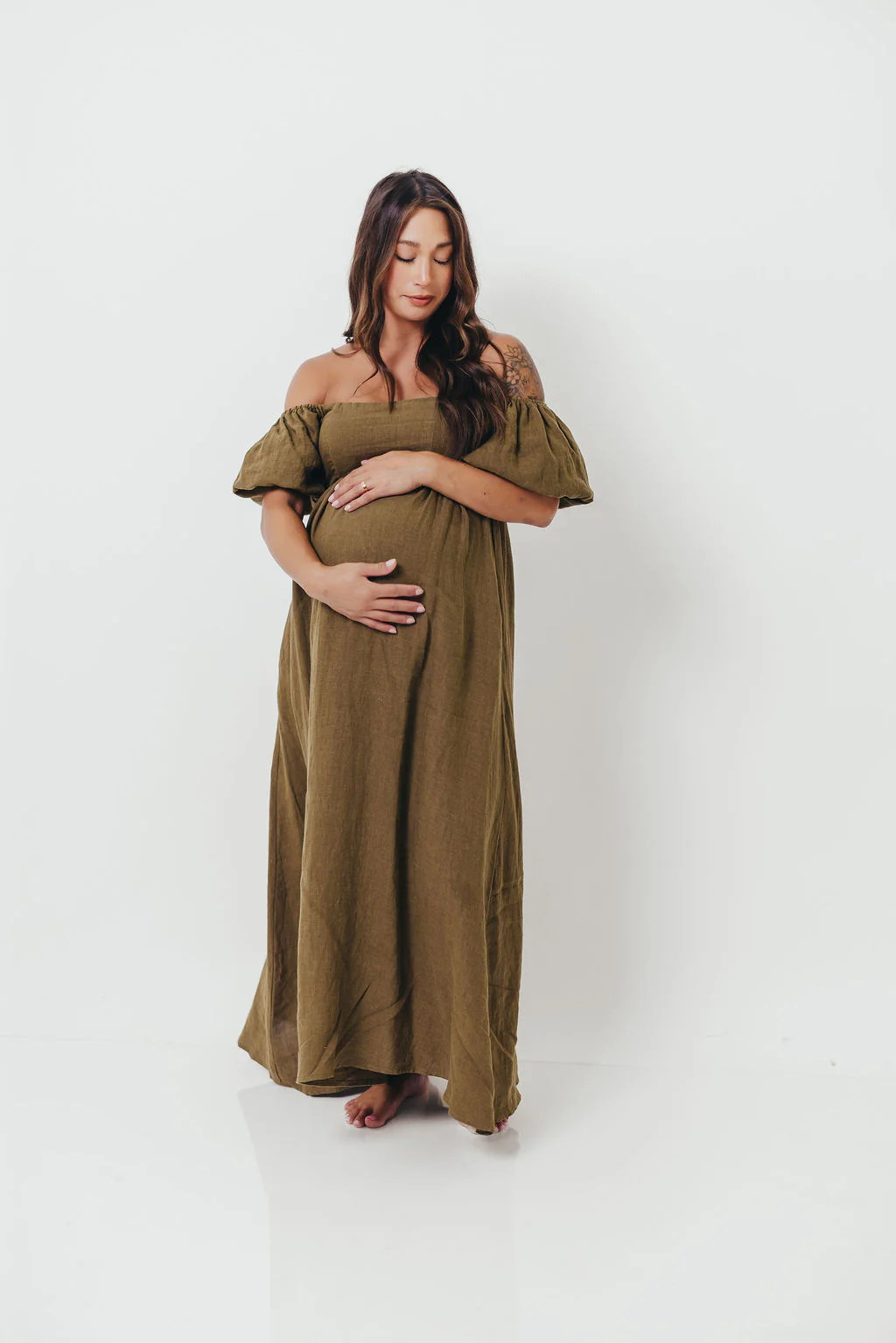 Candace Woven Linen Maxi Dress in Dark Olive - Bump Friendly - Image 3
