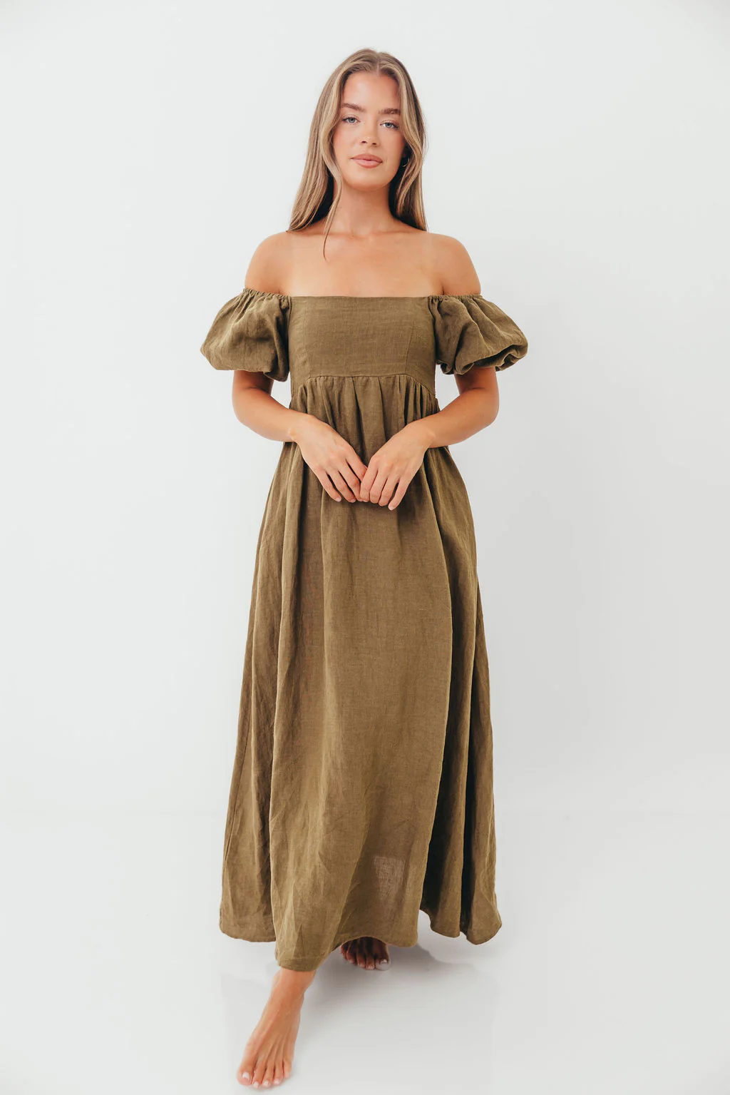 Candace Woven Linen Maxi Dress in Dark Olive - Bump Friendly - Image 4