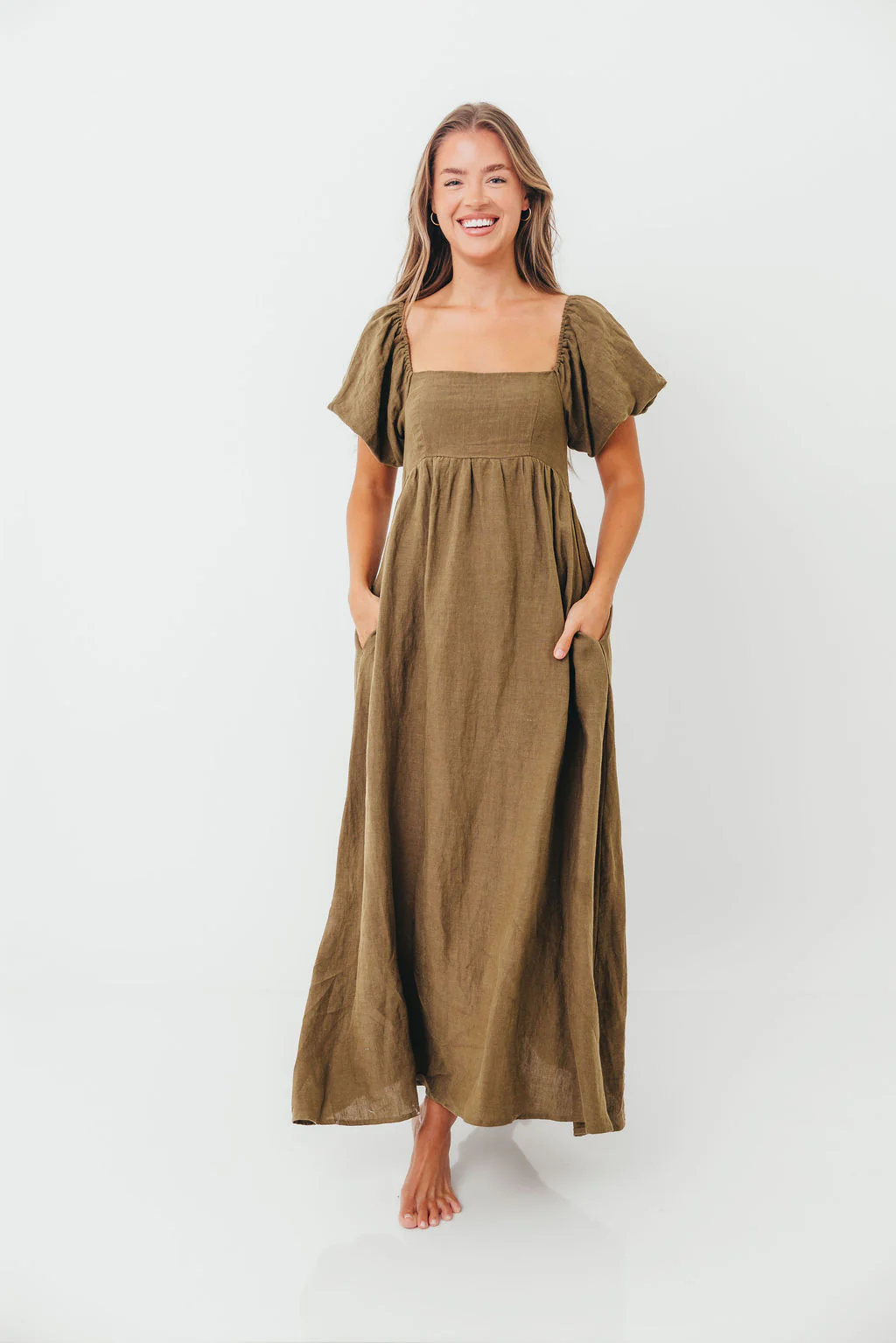 Candace Woven Linen Maxi Dress in Dark Olive - Bump Friendly - Image 5