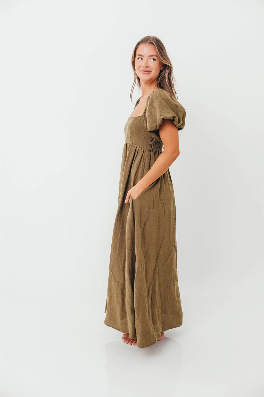 Candace Woven Linen Maxi Dress in Dark Olive - Bump Friendly - Image 6