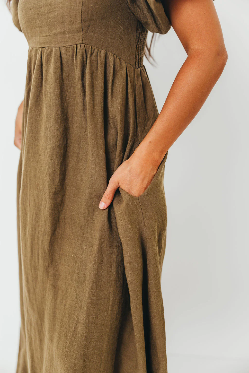 Candace Woven Linen Maxi Dress in Dark Olive - Bump Friendly - Image 8